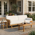 Christopher Knight Home 3 Piece Acacia Wood Outdoor Sofa Set With Bolster Pillows Slatted Coffee Table Concrete Side Table