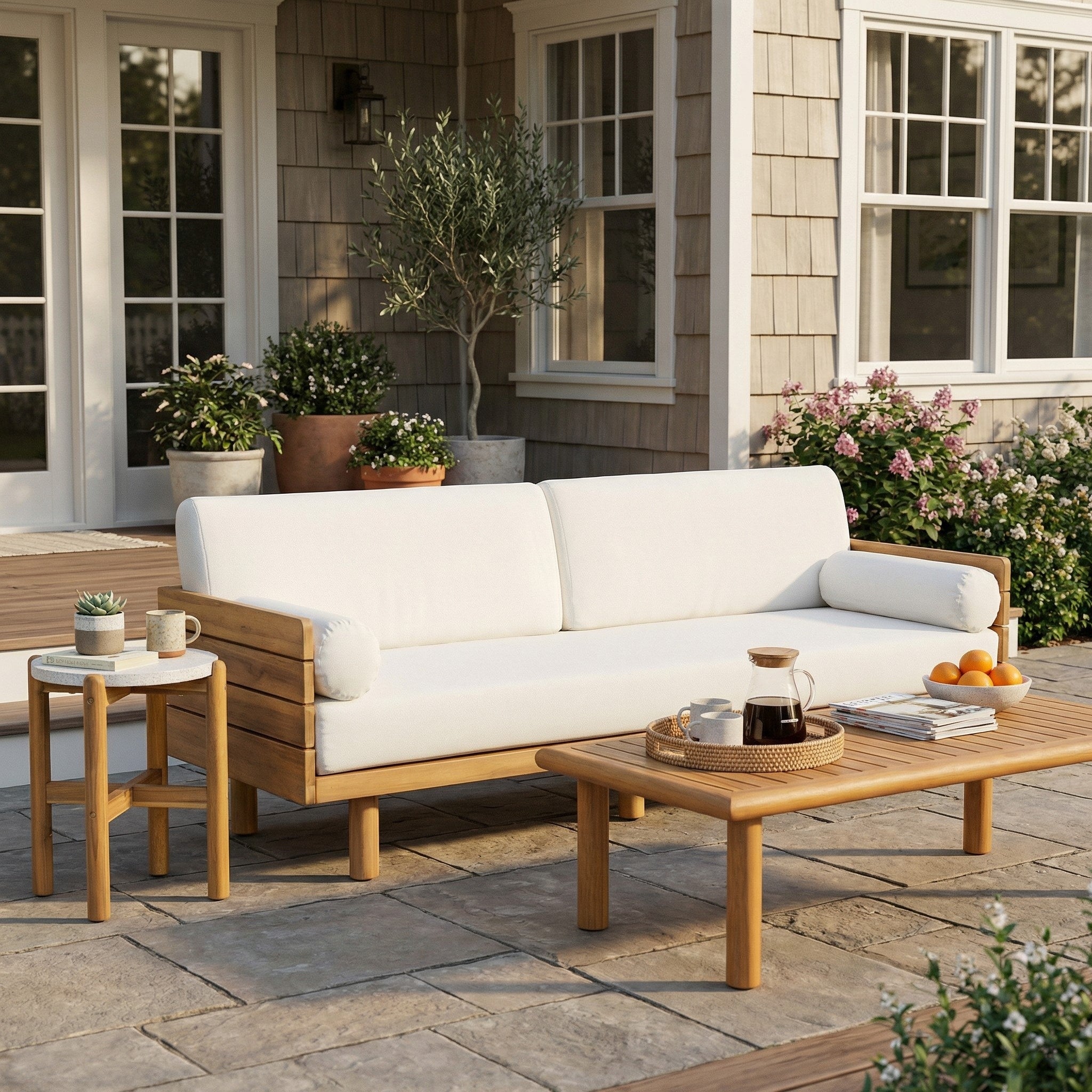 Christopher Knight Home 3 Piece Acacia Wood Outdoor Sofa Set With Bolster Pillows Slatted Coffee Table Concrete Side Table