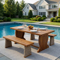 Christopher Knight Home 3 Piece Outdoor Acacia Wood Dining Set With 2 Woven Ratan Leg Benches 70 Solid Wood Dining Table