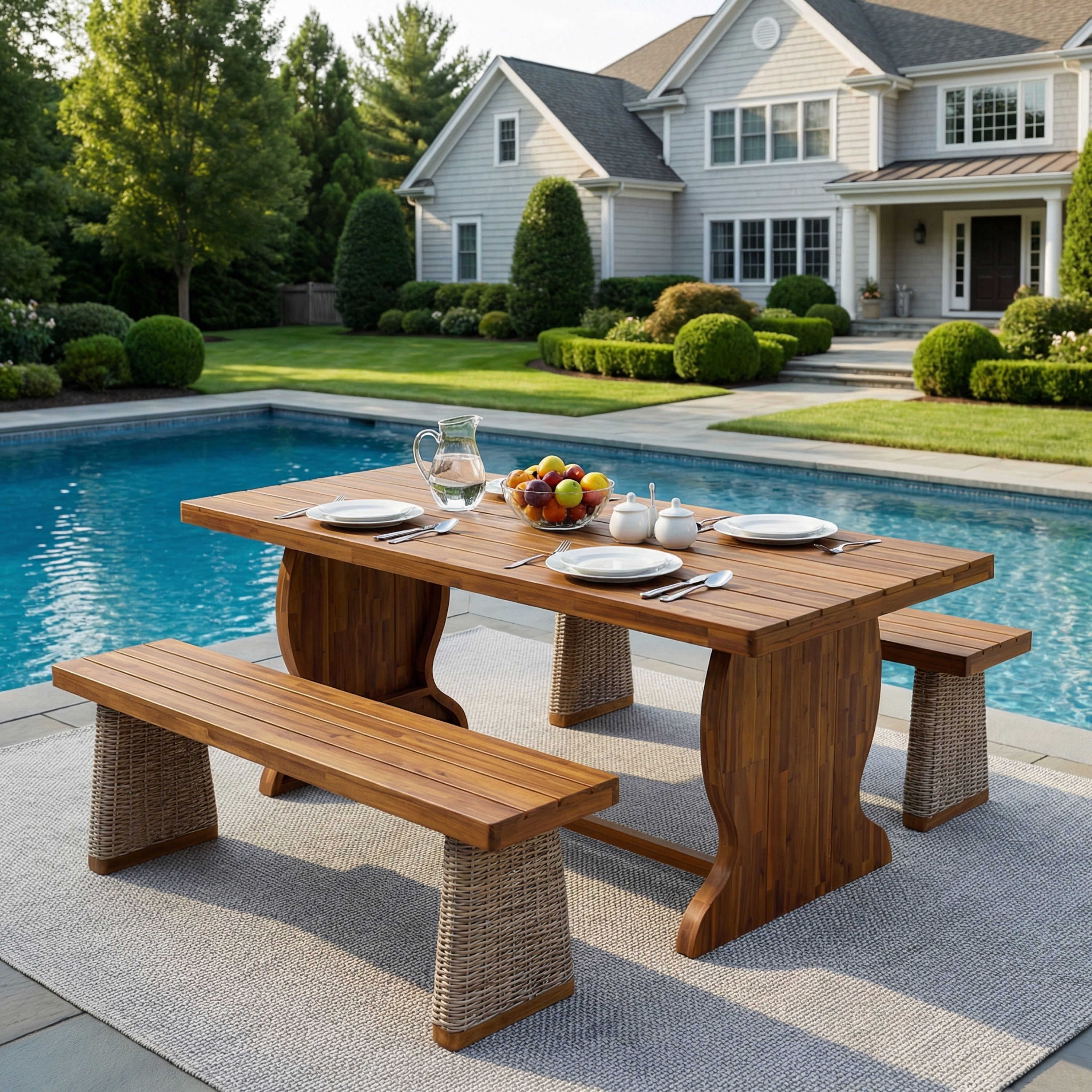 Christopher Knight Home 3 Piece Outdoor Acacia Wood Dining Set With 2 Woven Ratan Leg Benches 70 Solid Wood Dining Table