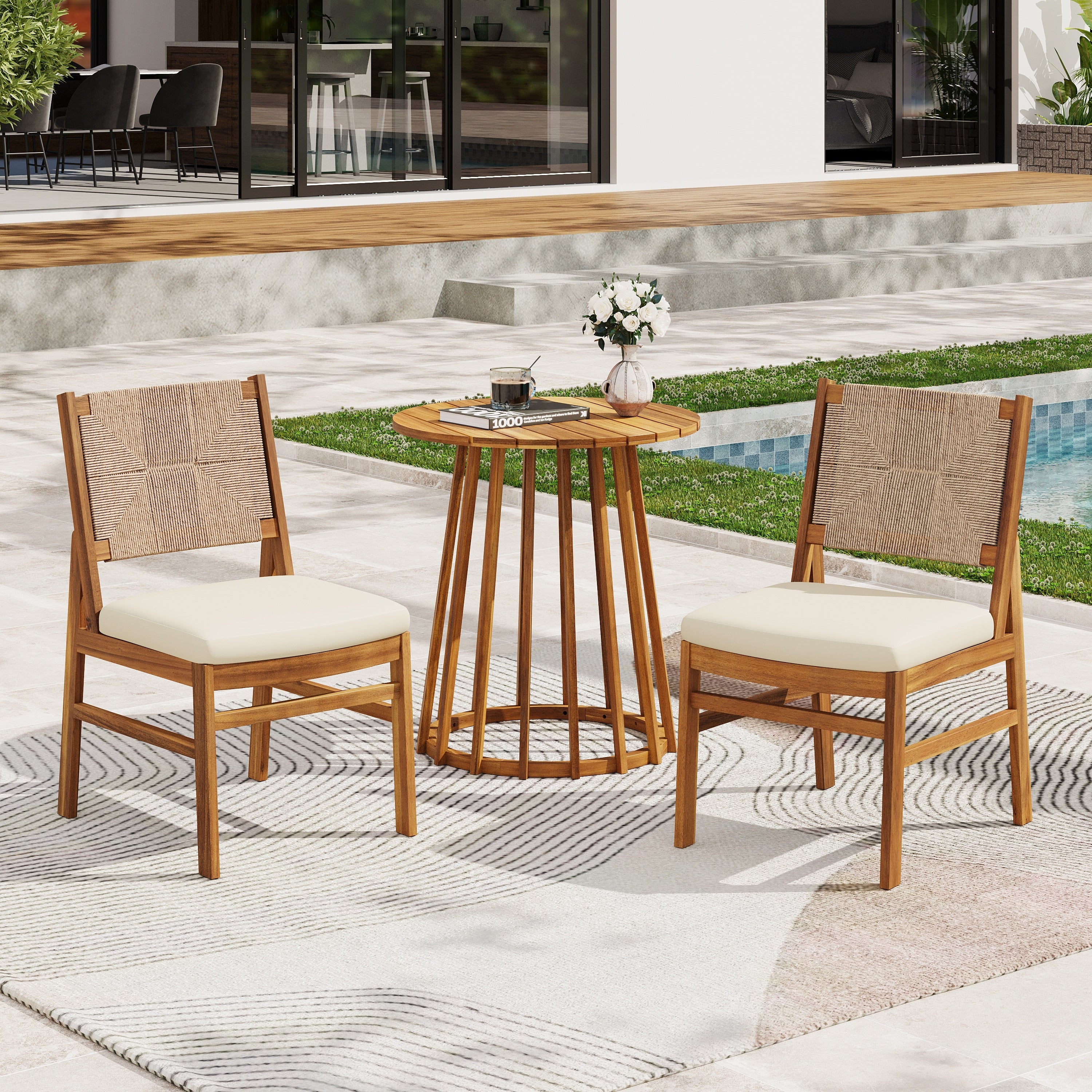 Christopher Knight Home 3 Piece Outdoor Bistro Set Acacia Wood With Teak Finish Wicker Woven Chairs And Cushions Included