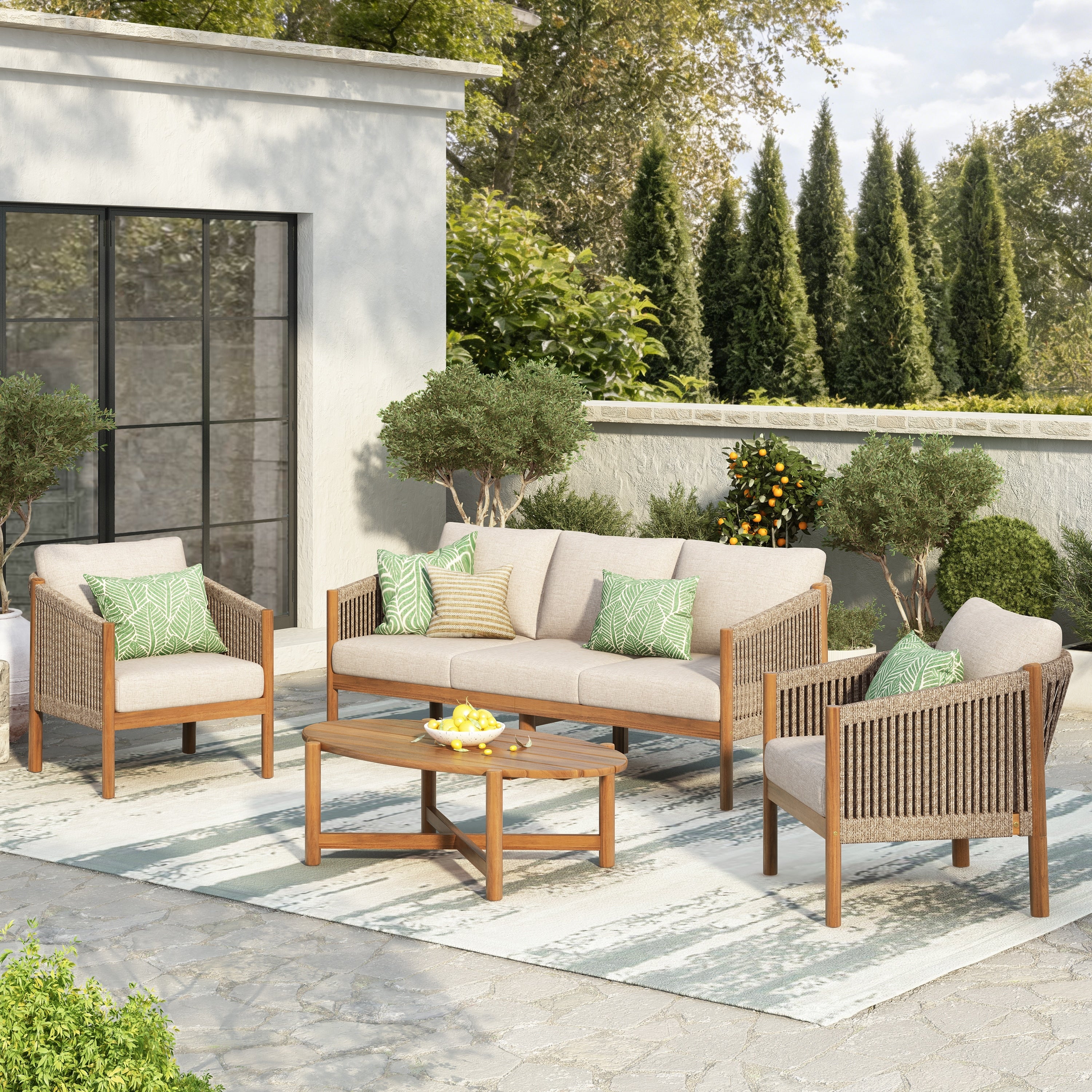 Christopher Knight Home Modern Outdoor Acacia Wood And Rope Patio Conversation Set And Oval Slatted Coffee Table