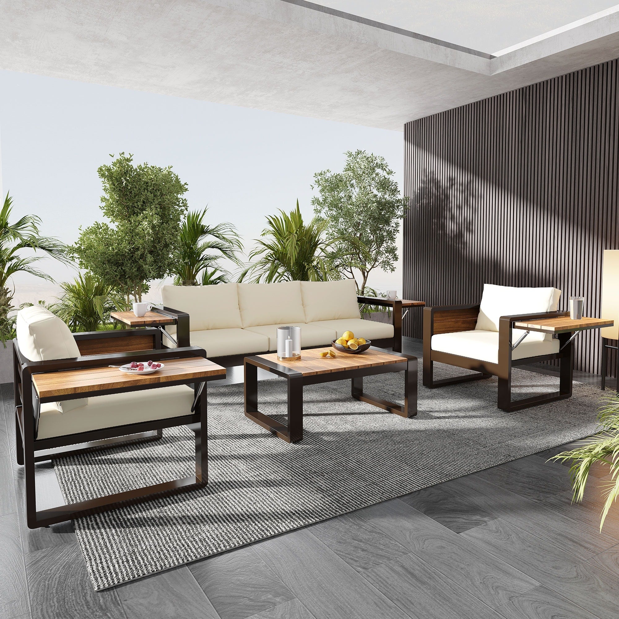 Christopher Knight Home 4 Piece Conversation Set Aluminum Sofa With Fold Out Side Tables Cushioned Seating Coffee Table