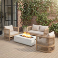 Christopher Knight Home 4 Piece Outdoor Wood Patio Conversation Set With Cushions And 50 000 Btu Fire Pit Table