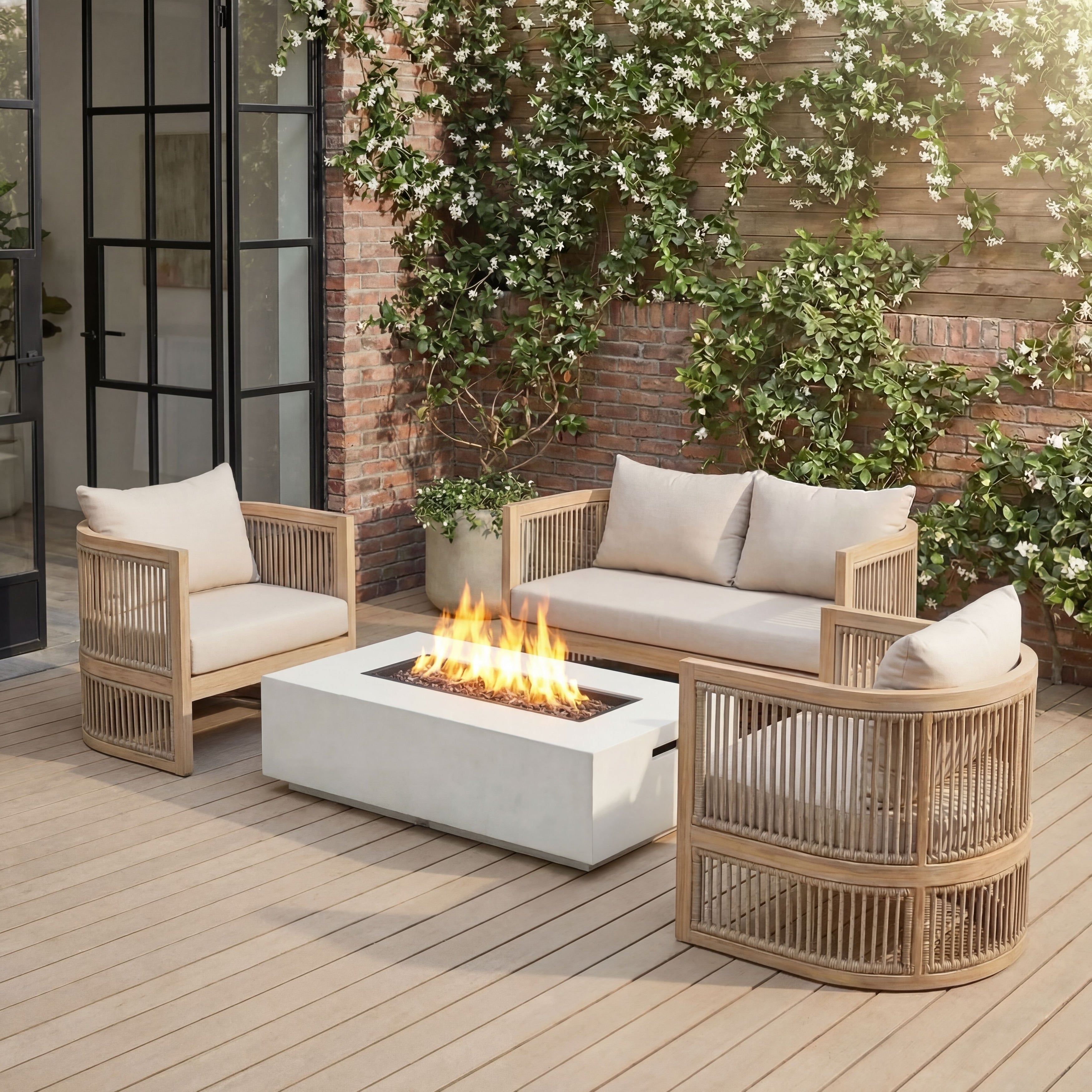 Christopher Knight Home 4 Piece Outdoor Wood Patio Conversation Set With Cushions And 50 000 Btu Fire Pit Table