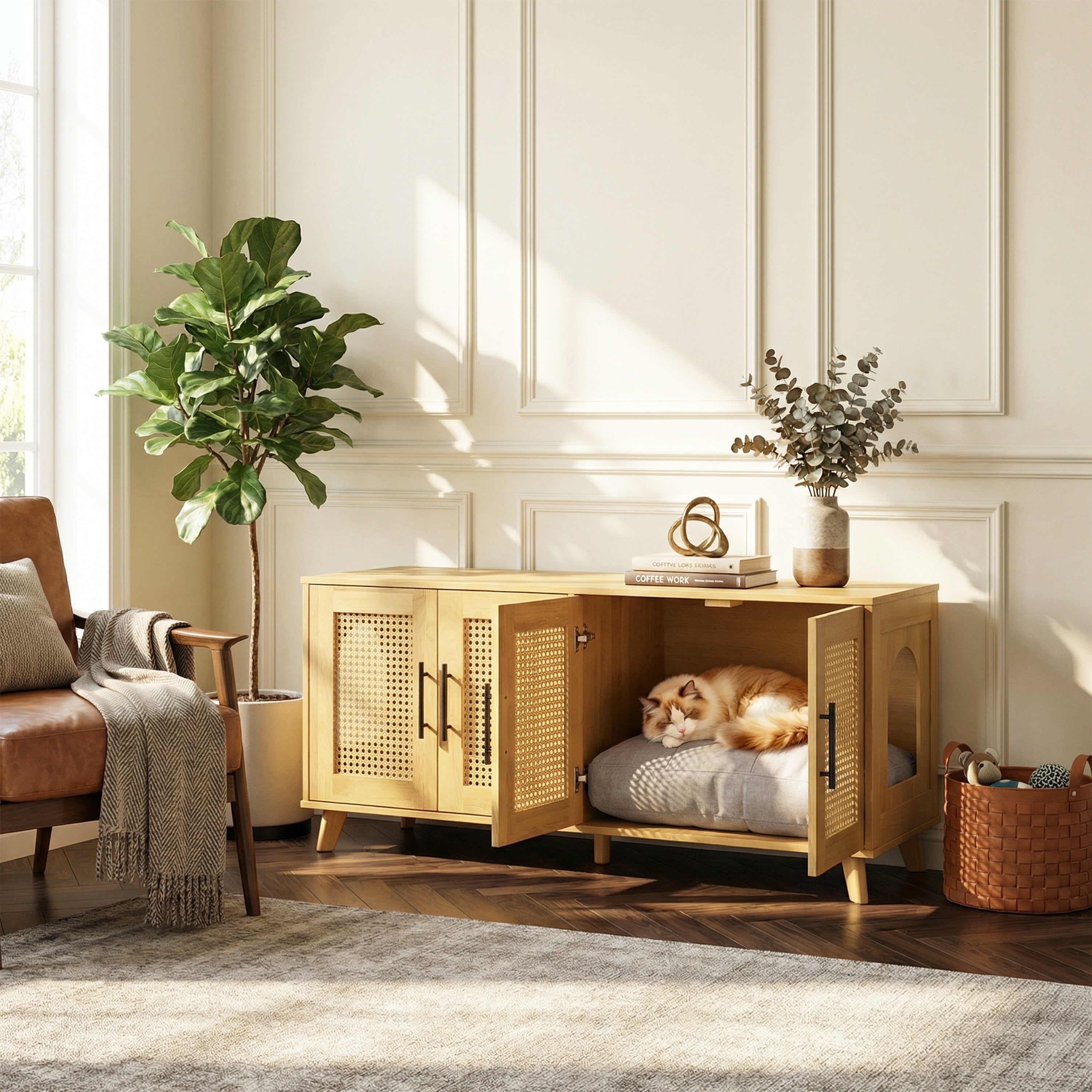Christopher Knight Home 47 W Rubber Wood Cat Cabinet With Rattan Doors Cushion