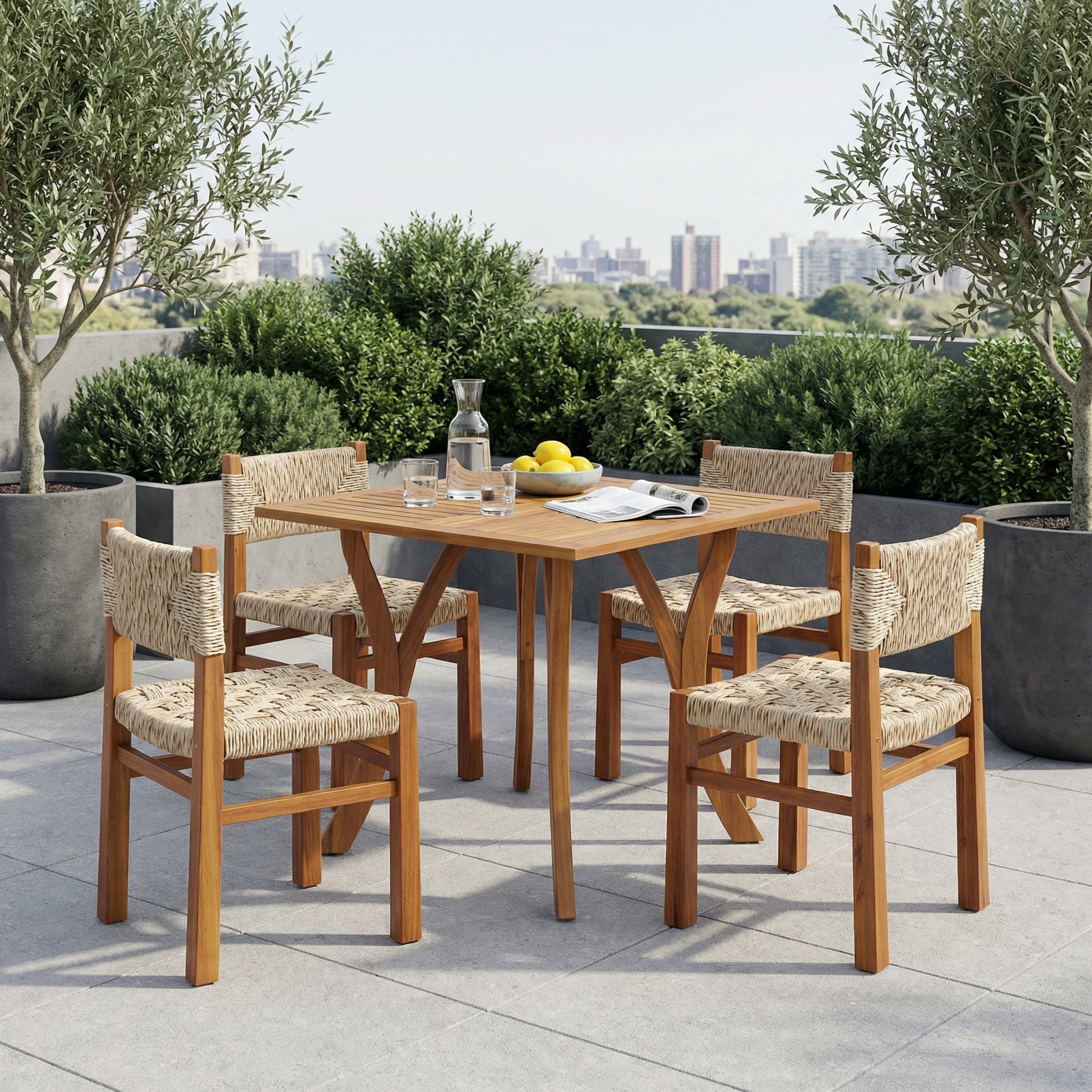 Christopher Knight Home 5 Piece Acacia Wood Outdoor Square Dining Table Set With Wicker Woven Dining Chairs