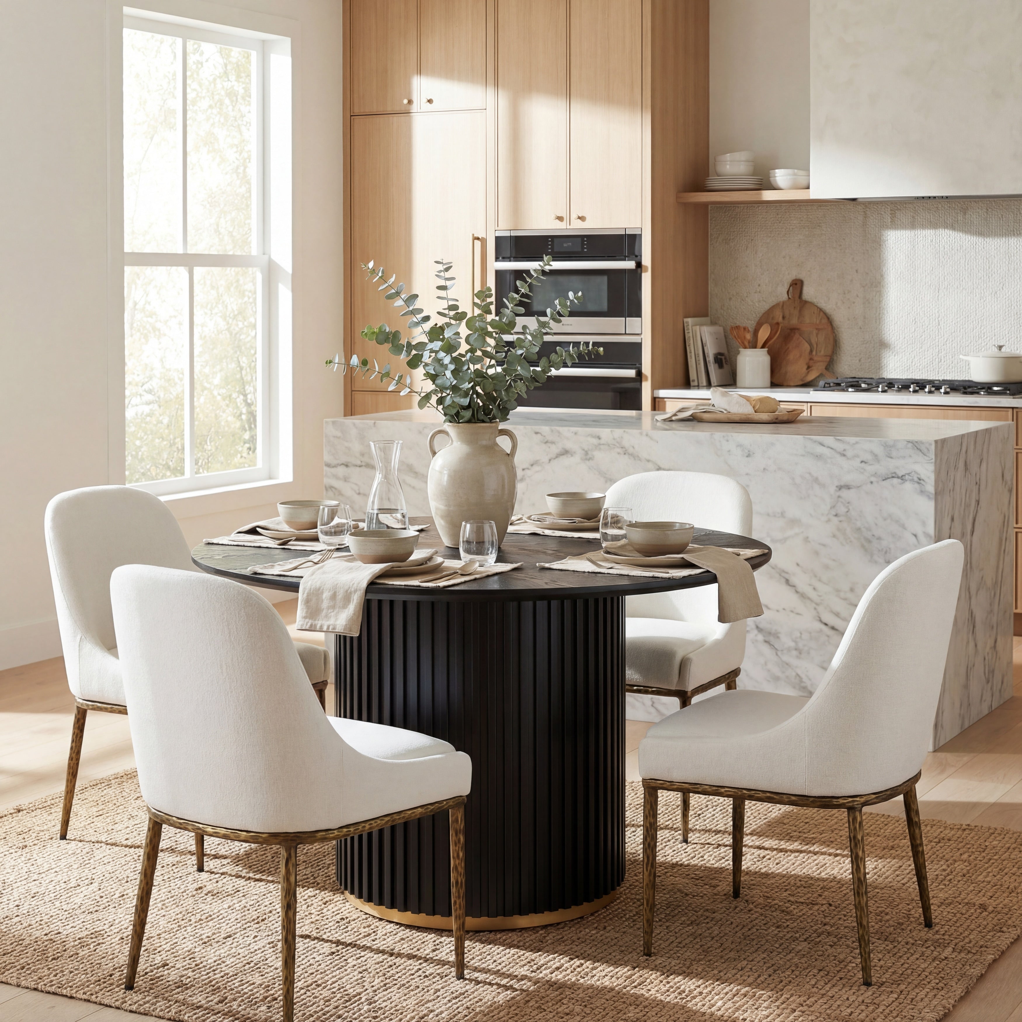 Christopher Knight Home 5 Piece Dining Set With Metal Brass Leg Upholstered Chairs 47.25 Round Pedestal Dining Table