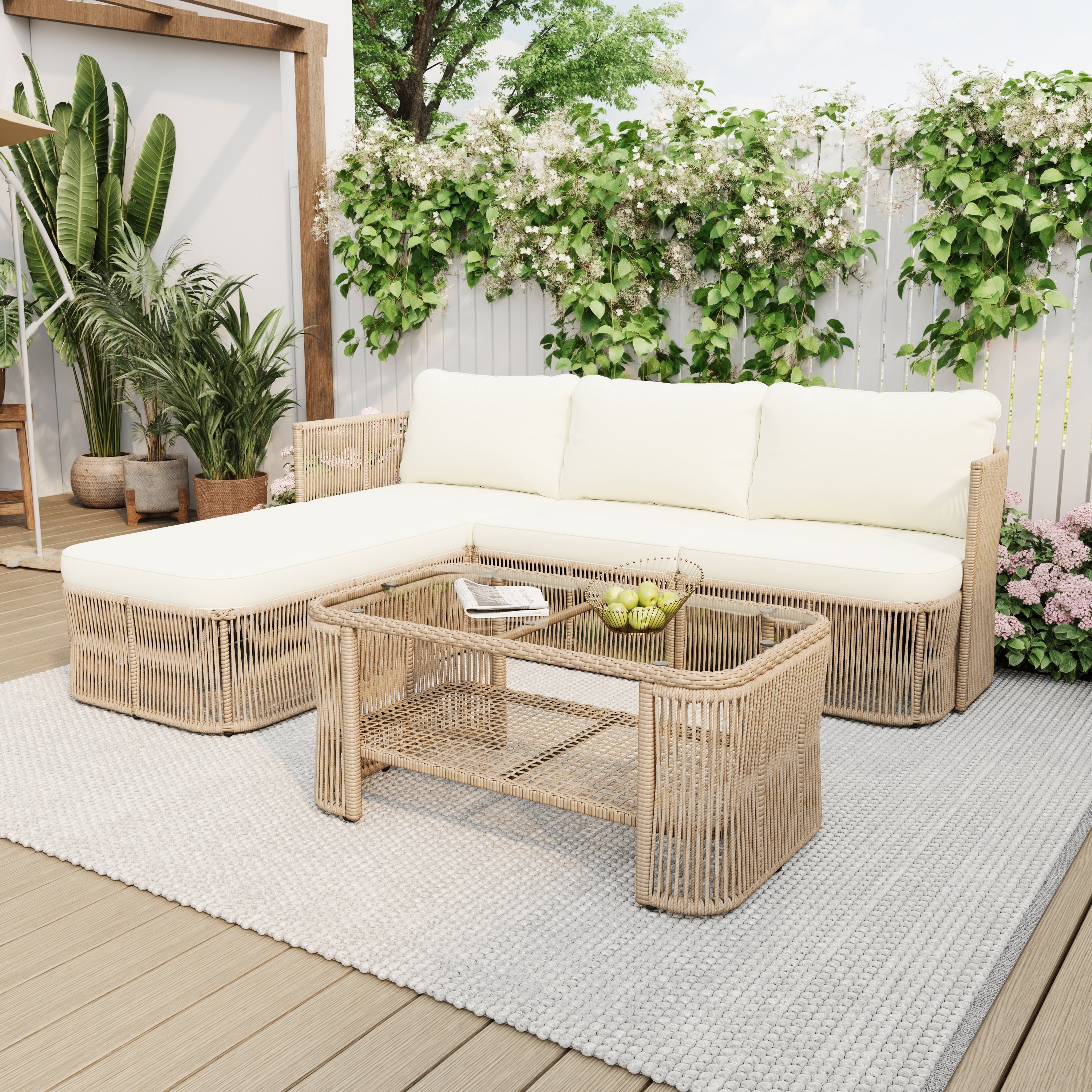 Christopher Knight Home 5 Piece Modular Pe Rattan Patio Conversation Set With Glass Top Coffee Table And Cushions