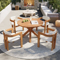 Christopher Knight Home 5 Piece Patio Conversation Set With Acacia Wood Outdoor Round Dining And Barrel Cushioned Chairs