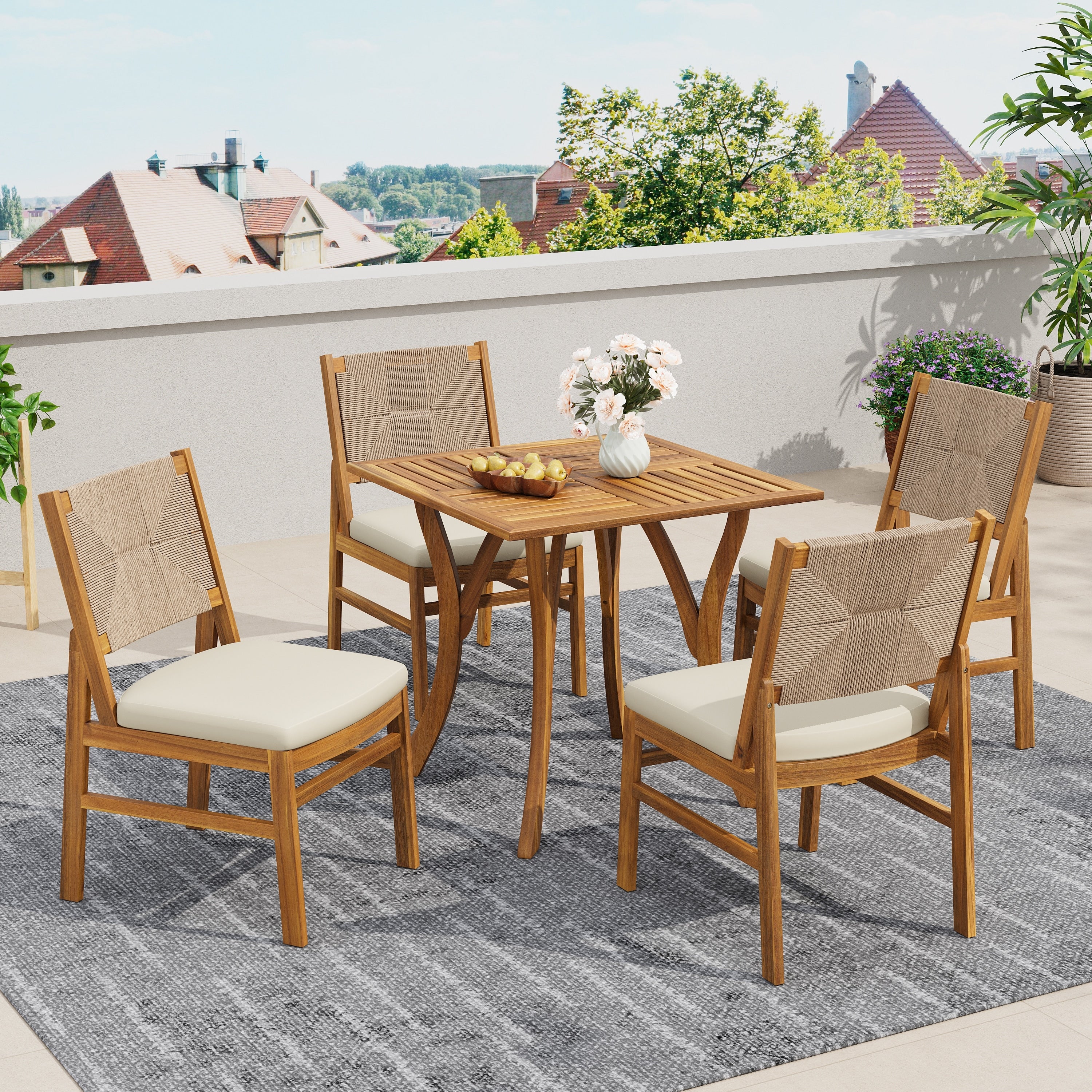 Christopher Knight Home 5 Piece Outdoor Dining Set Acacia Wood With Teak Finish Wicker Woven Chairs And Cushions Included