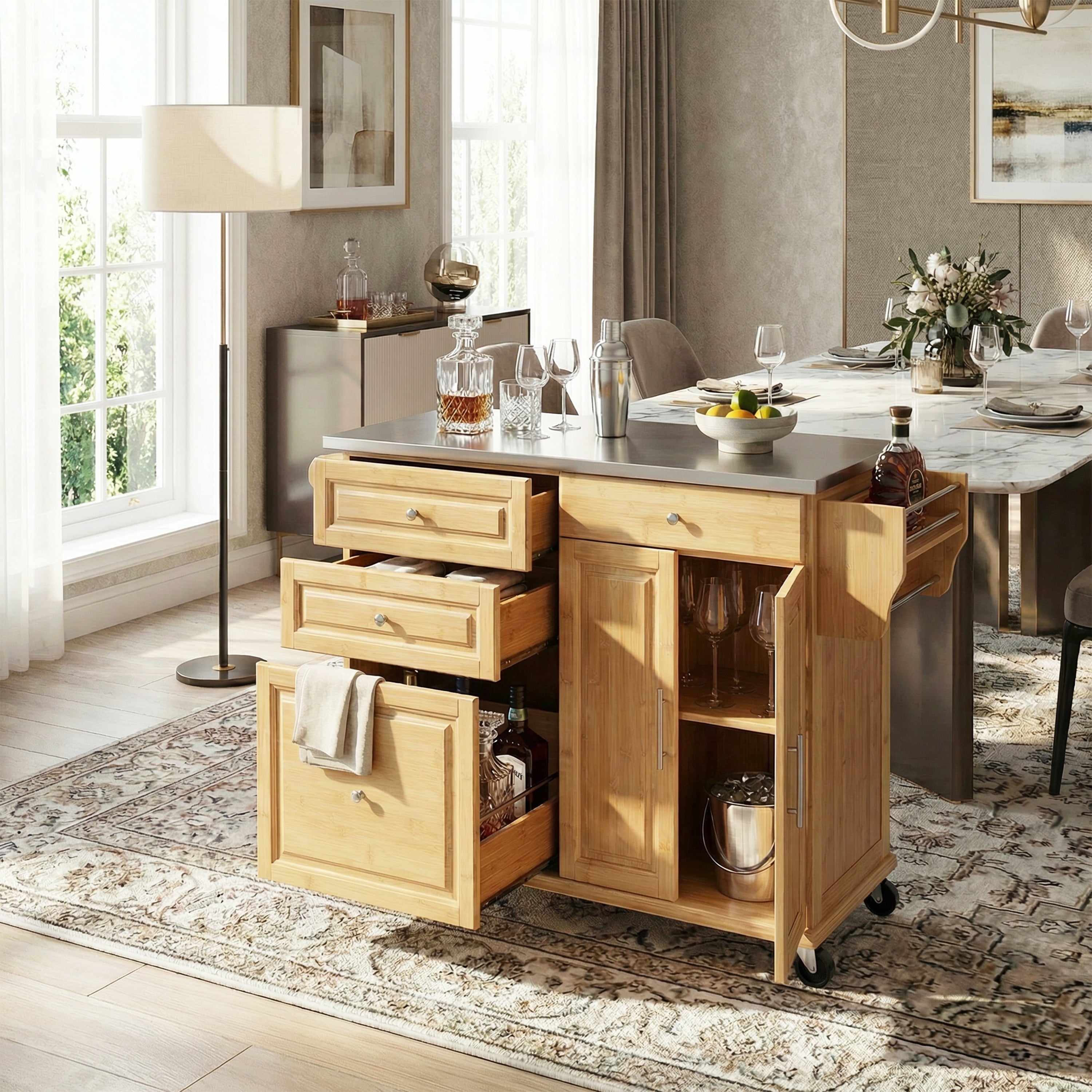 Christopher Knight Home 50.8 W Bamboo Outdoor Kitchen Island Cart With Stainless Steel Top Storage