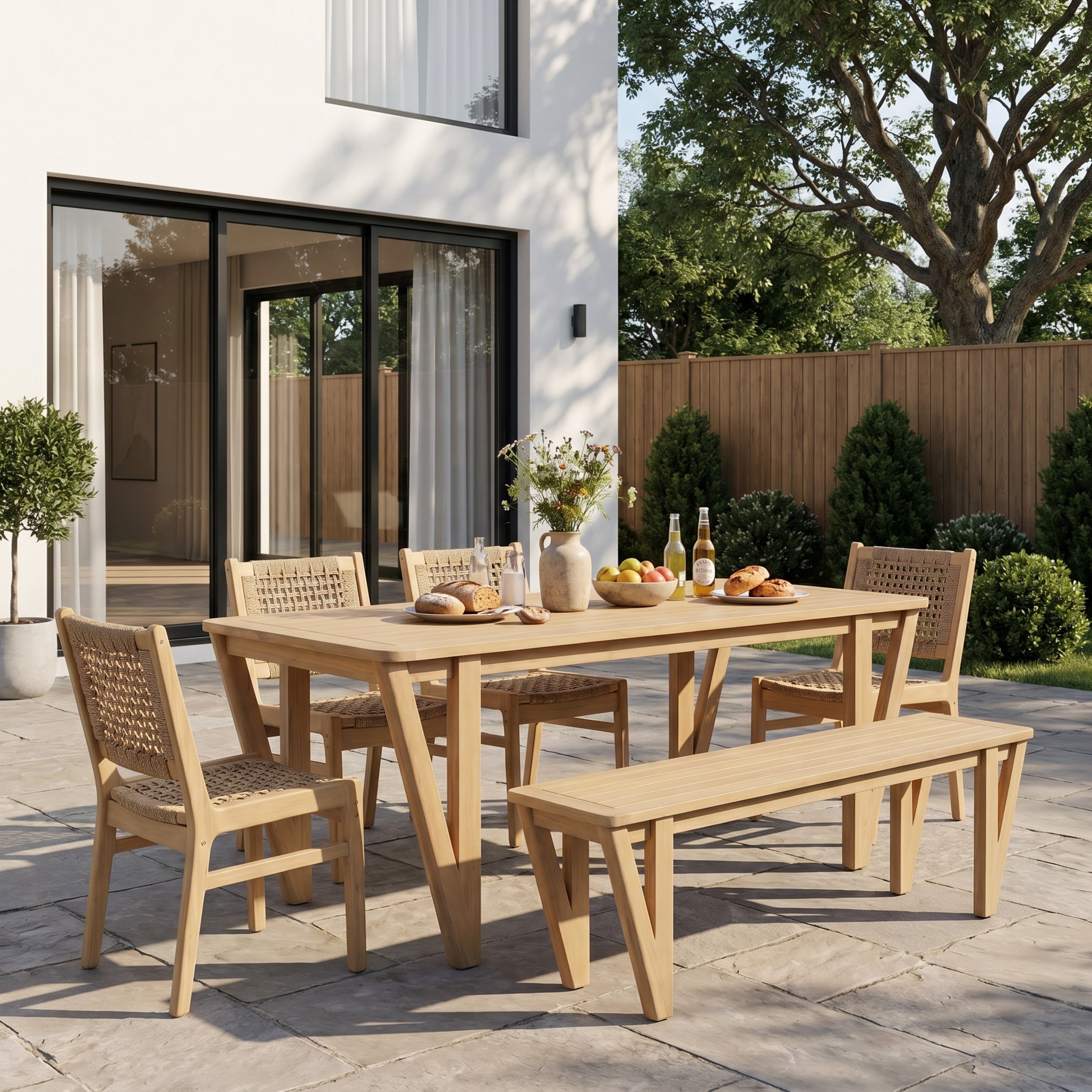 Christopher Knight Home 6 Piece Acacia Wood Outdoor Dining Set With Rectangle Dining Table And V Shaped Leg Bench