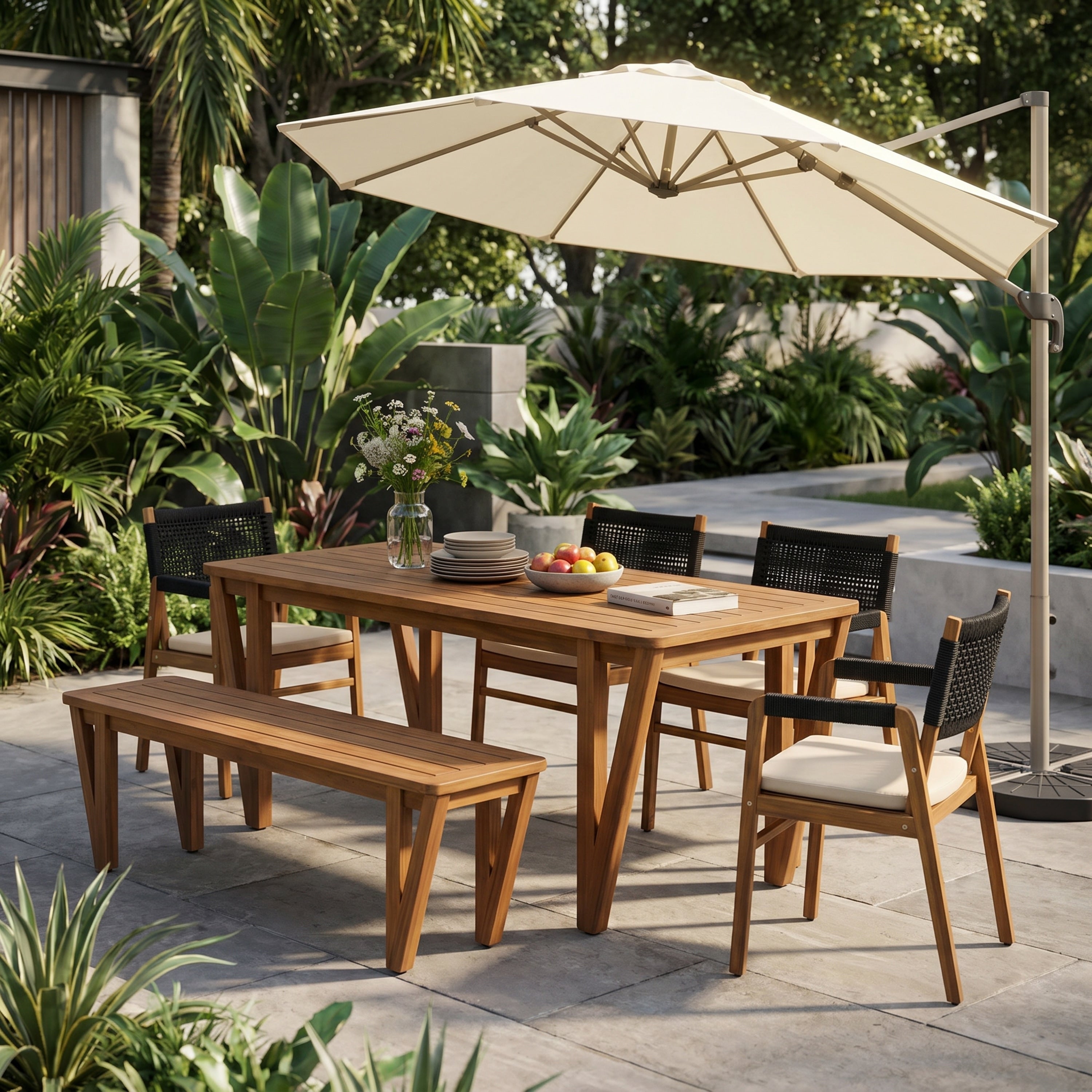 Christopher Knight Home 6 Piece Acacia Wood Outdoor Dining Set With Rectangle Dining Table Bench And Water Resistant Cushions