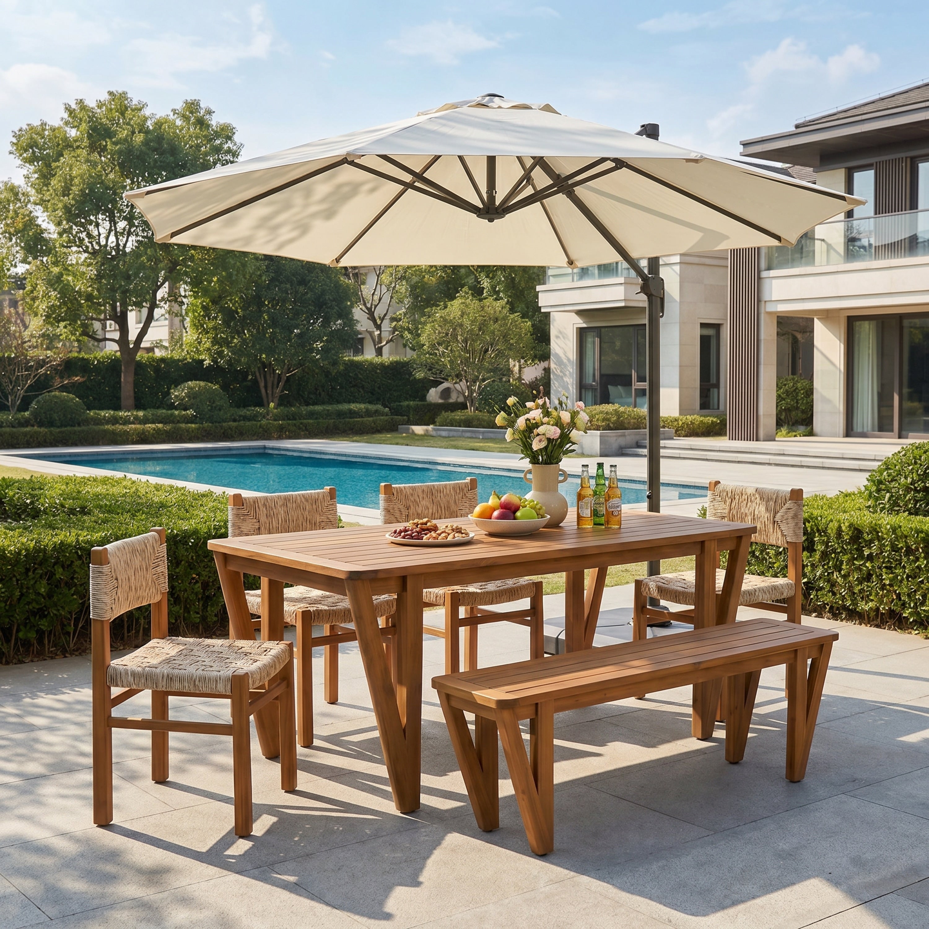 Christopher Knight Home 6 Piece Acacia Wood Outdoor Dining Set With Rectangle Slatted Dining Table Woven Chairs