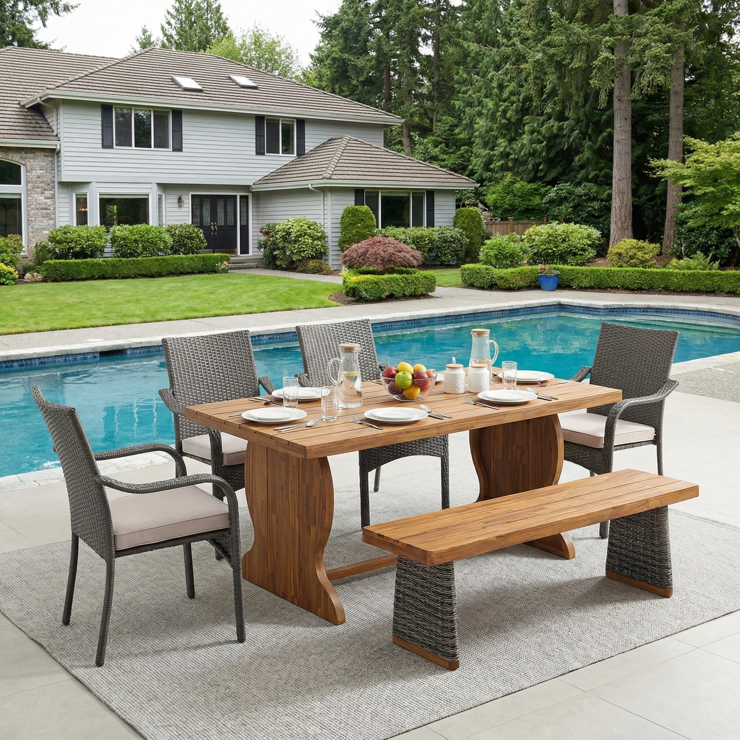 Christopher Knight Home 6 Piece Outdoor Acacia Wood Dining Set With Iron Frame Stacking Chairs Bench Slat Dining Table