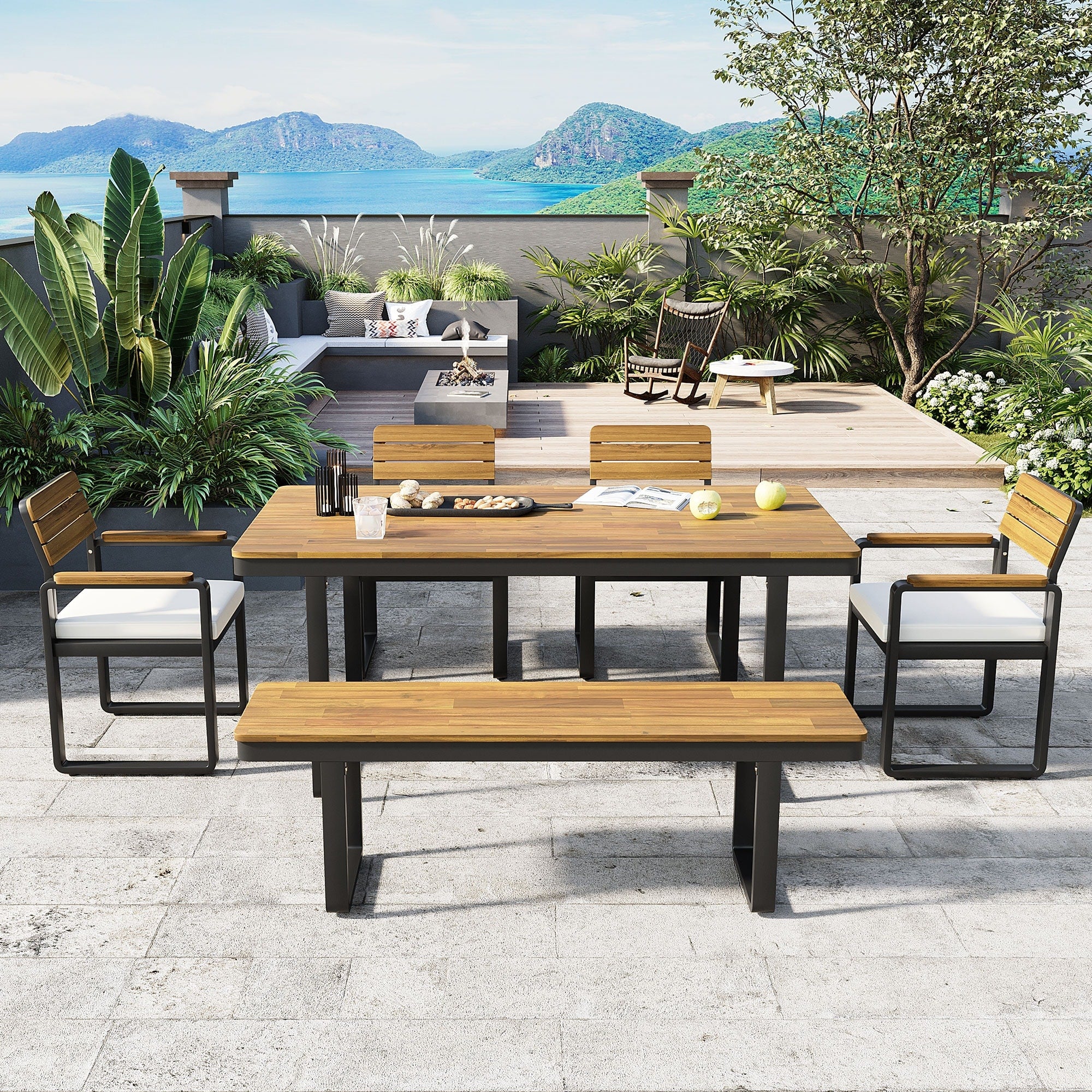 Christopher Knight Home 6 Piece Outdoor Acacia Wood Patio Dining Set With Cushioned Chairs Bench Seating Adjustable Feet