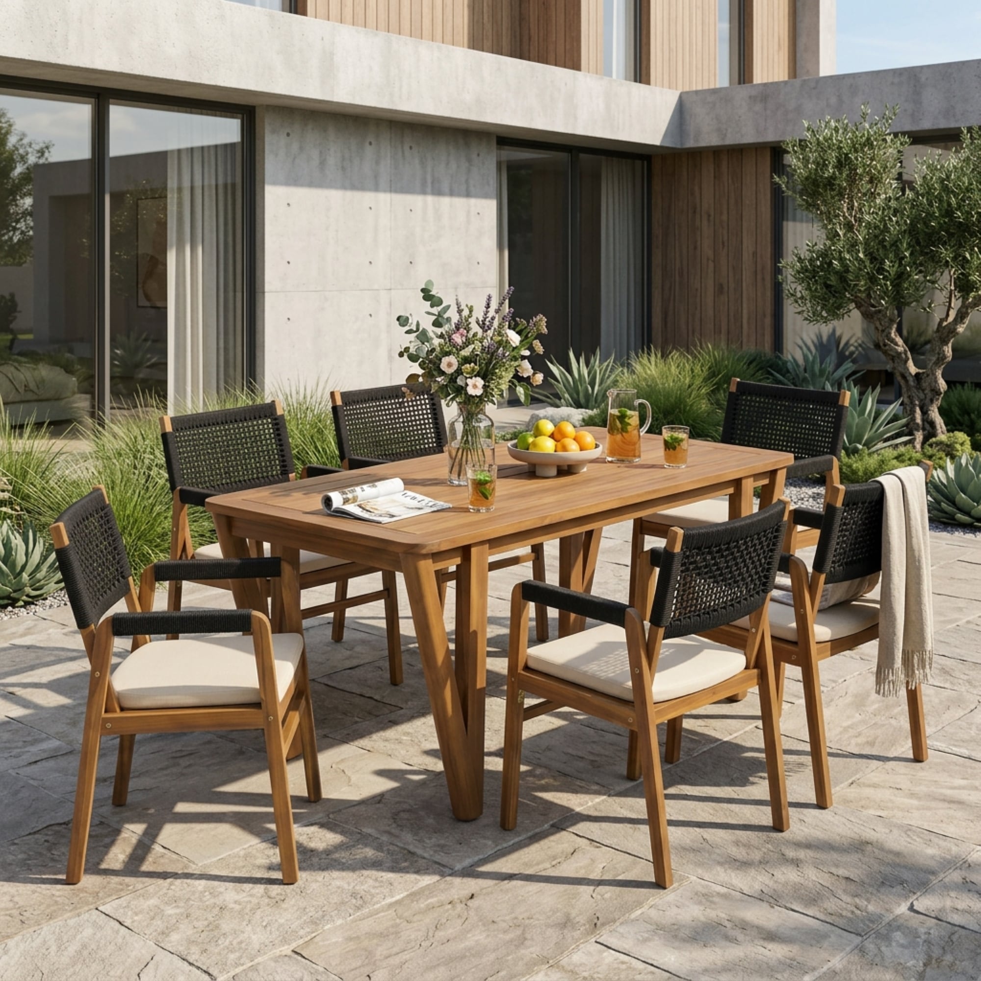 Christopher Knight Home 7 Piece Acacia Wood Outdoor Dining Set With Rectangle Dining Table Rope Woven Dining Chairs