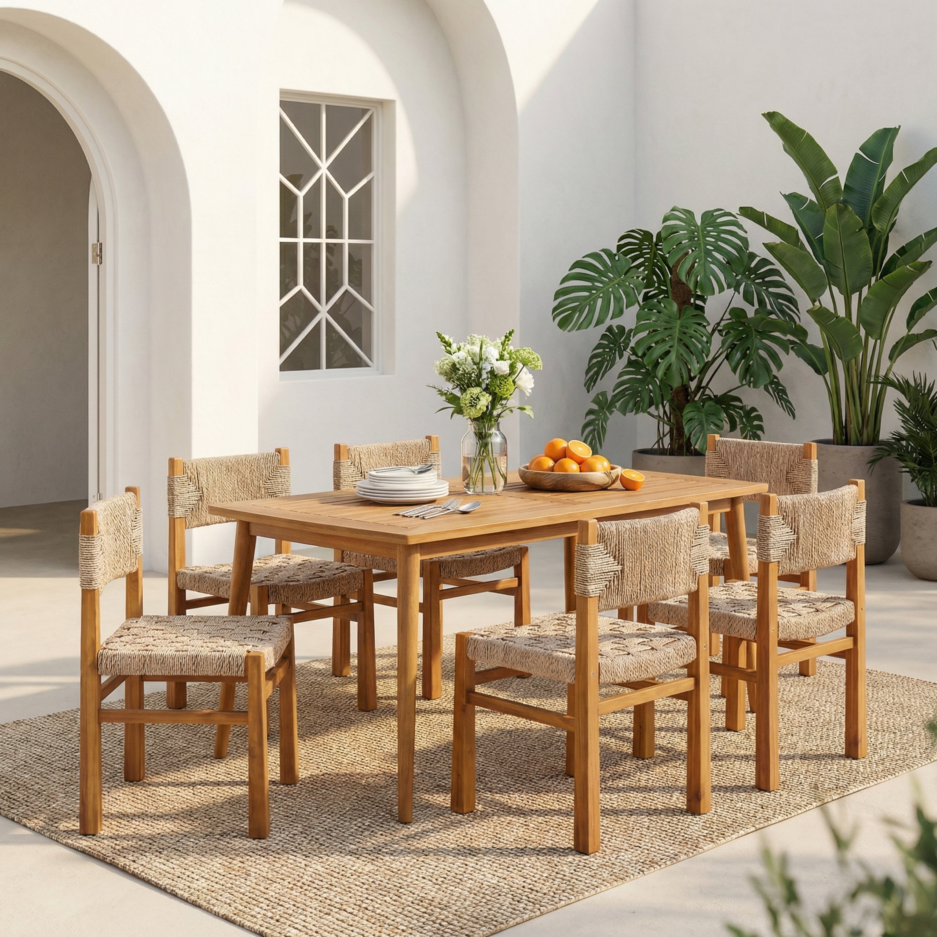 Christopher Knight Home 7 Piece Acacia Wood Outdoor Dining Table Set With Wicker Woven Dining Chairs