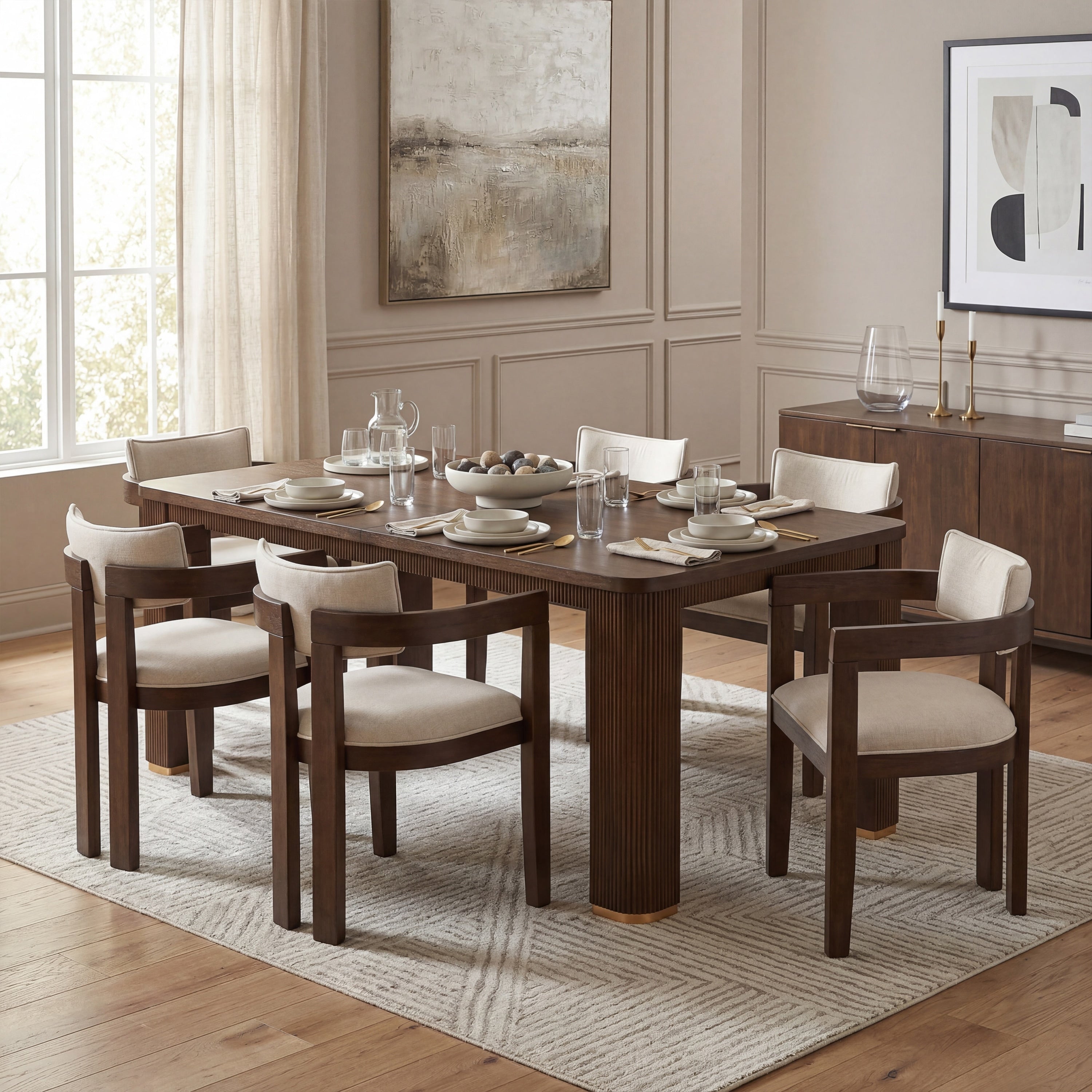 Christopher Knight Home 7 Piece Fluted Wood Top Dining Set With Dining Table And Linen Upholstered Dining Chairs
