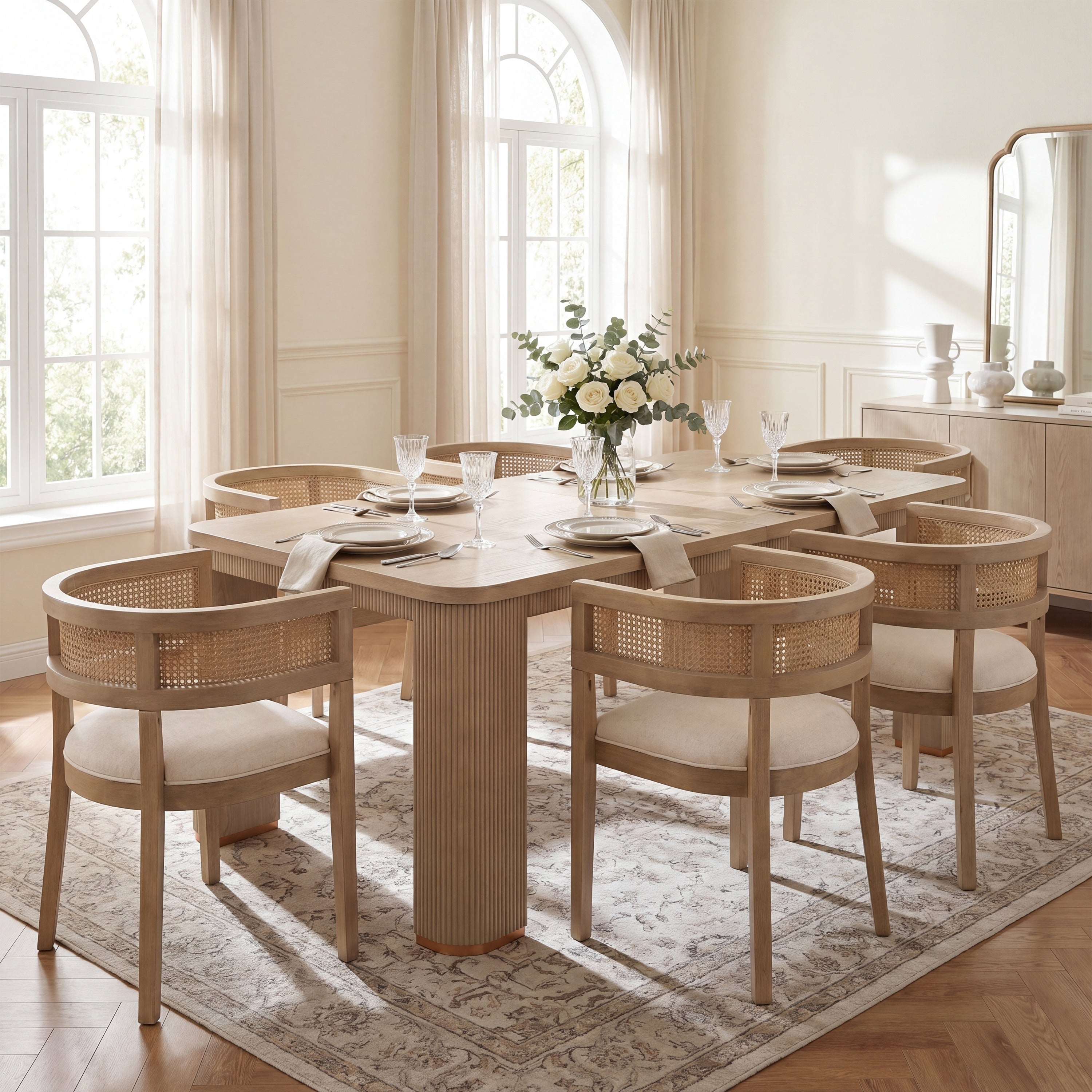 Christopher Knight Home 7 Piece Fluted Wood Top Dining Set With Dining Table And Upholstered Rattan Inspired Dining Chairs