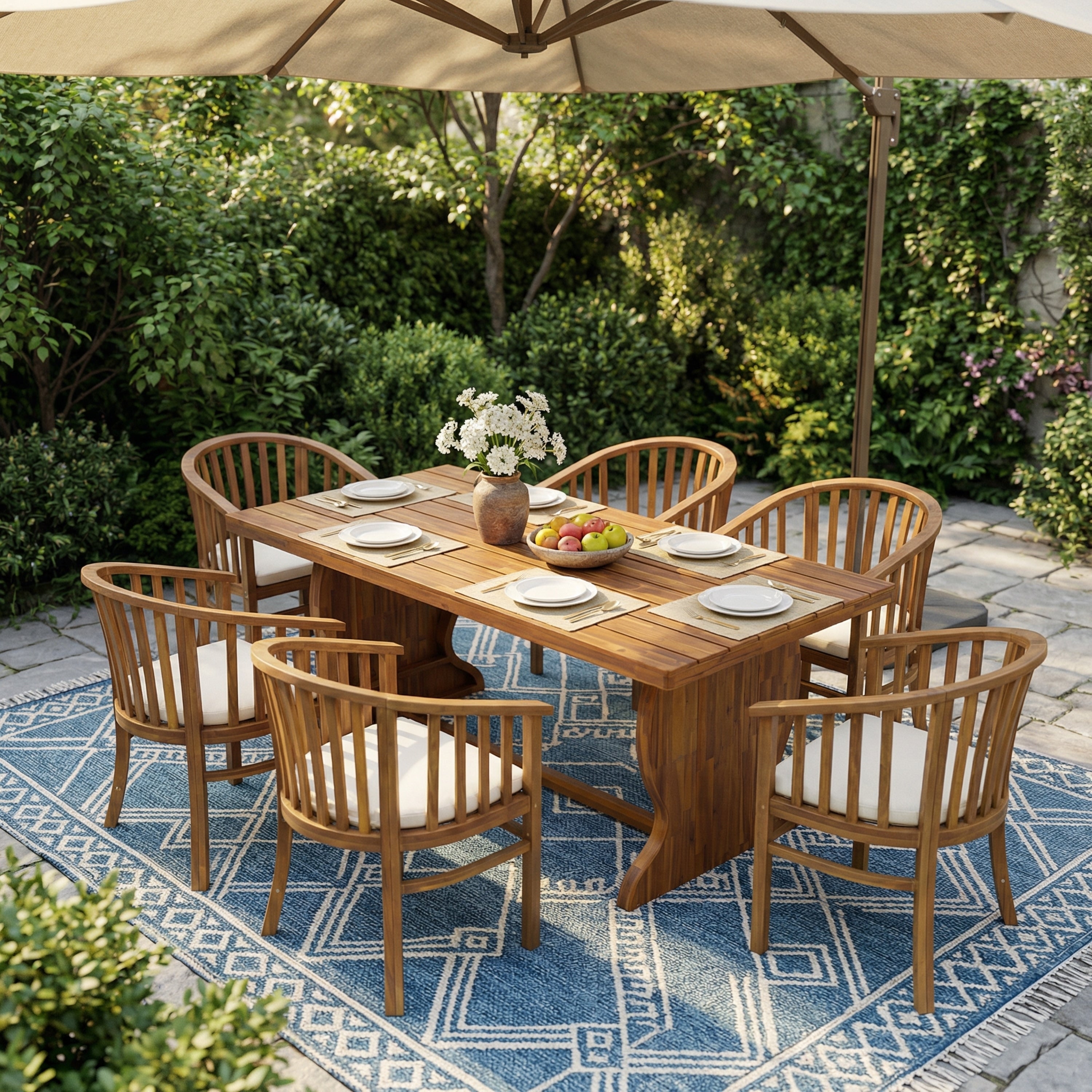 Christopher Knight Home 7 Piece Outdoor Acacia Dining Set With Curved Back Armchairs Slat Table Water Resistant Cushion