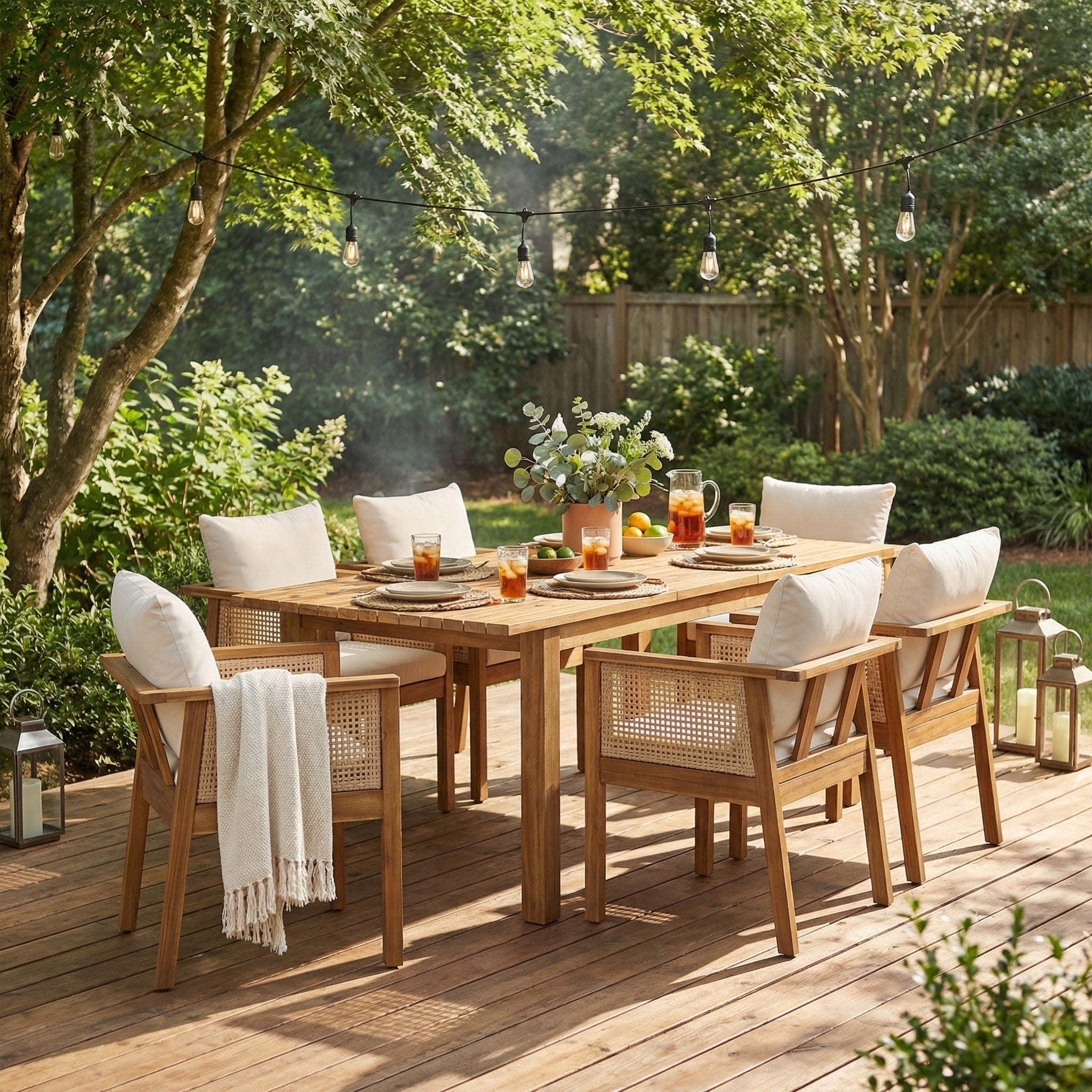 Christopher Knight Home 7 Piece Outdoor Acacia Wood Dining Set With Wicker Chairs Expandable Table Washable Cushions