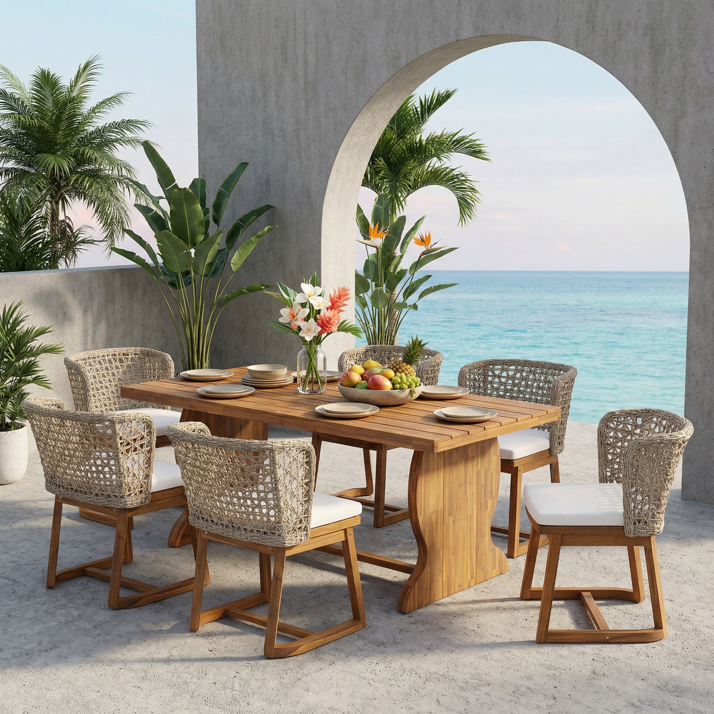 Christopher Knight Home 7 Piece Outdoor Acacia Wood Dining Set With Woven Wicker Back Chairs 70 Solid Wood Dining Table