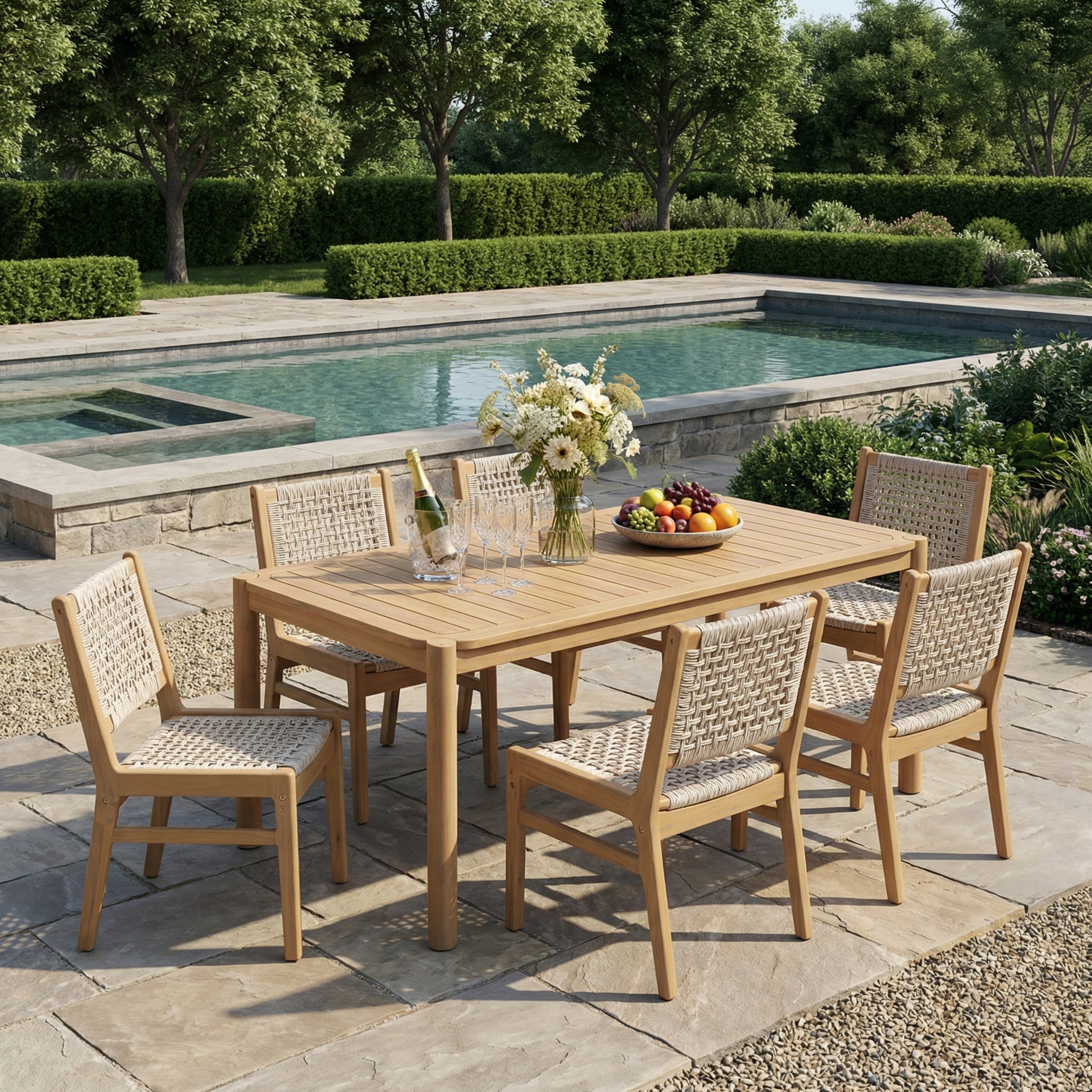 Christopher Knight Home 7 Piece Outdoor Acacia Wood Rectangle Dining Set With Solid Wood Table And Wicker Chairs