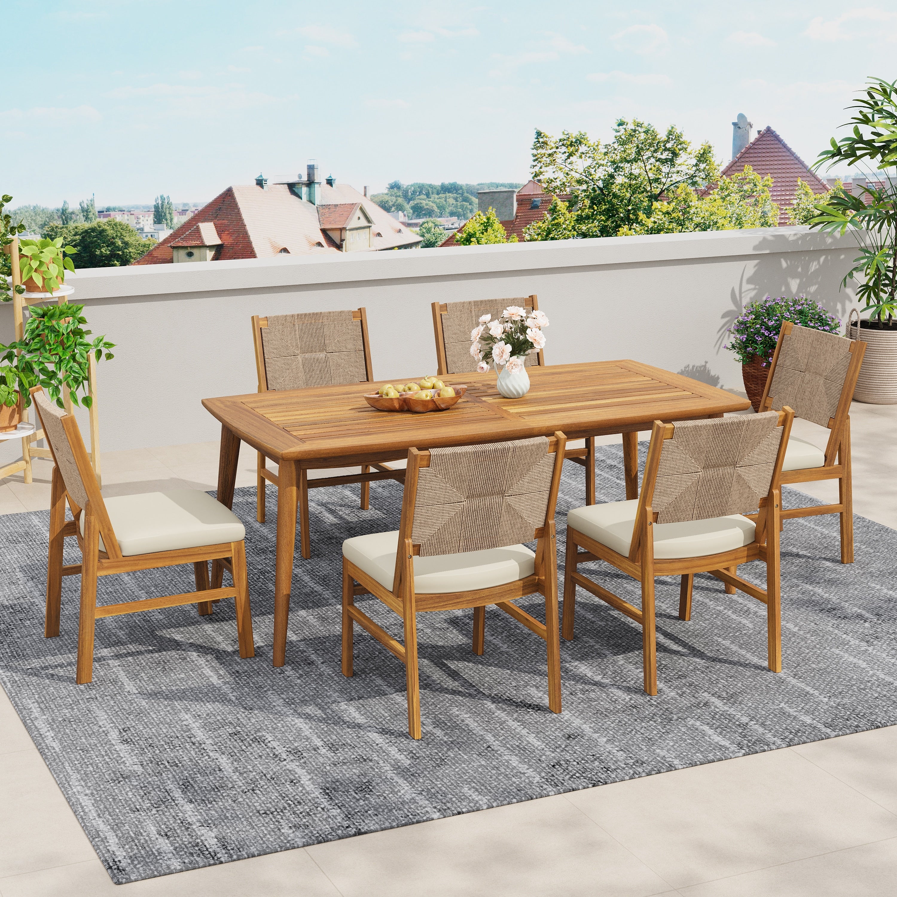 Christopher Knight Home 7 Piece Outdoor Dining Set Acacia Wood With Teak Finish Wicker Woven Chairs And Cushions Included