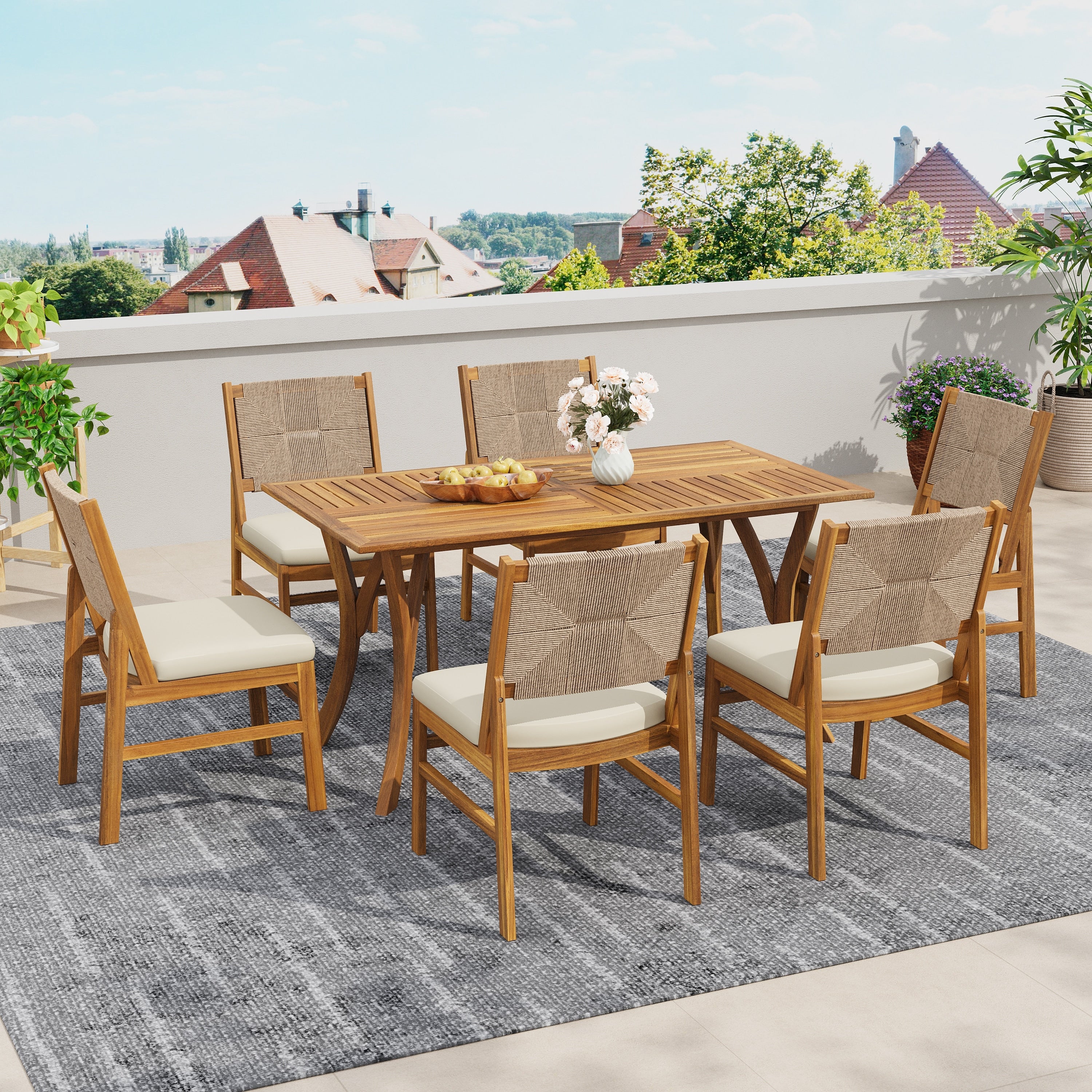 Christopher Knight Home 7 Piece Outdoor Dining Set Acacia Wood With Teak Finish Wicker Woven Chairs And Cushions Included
