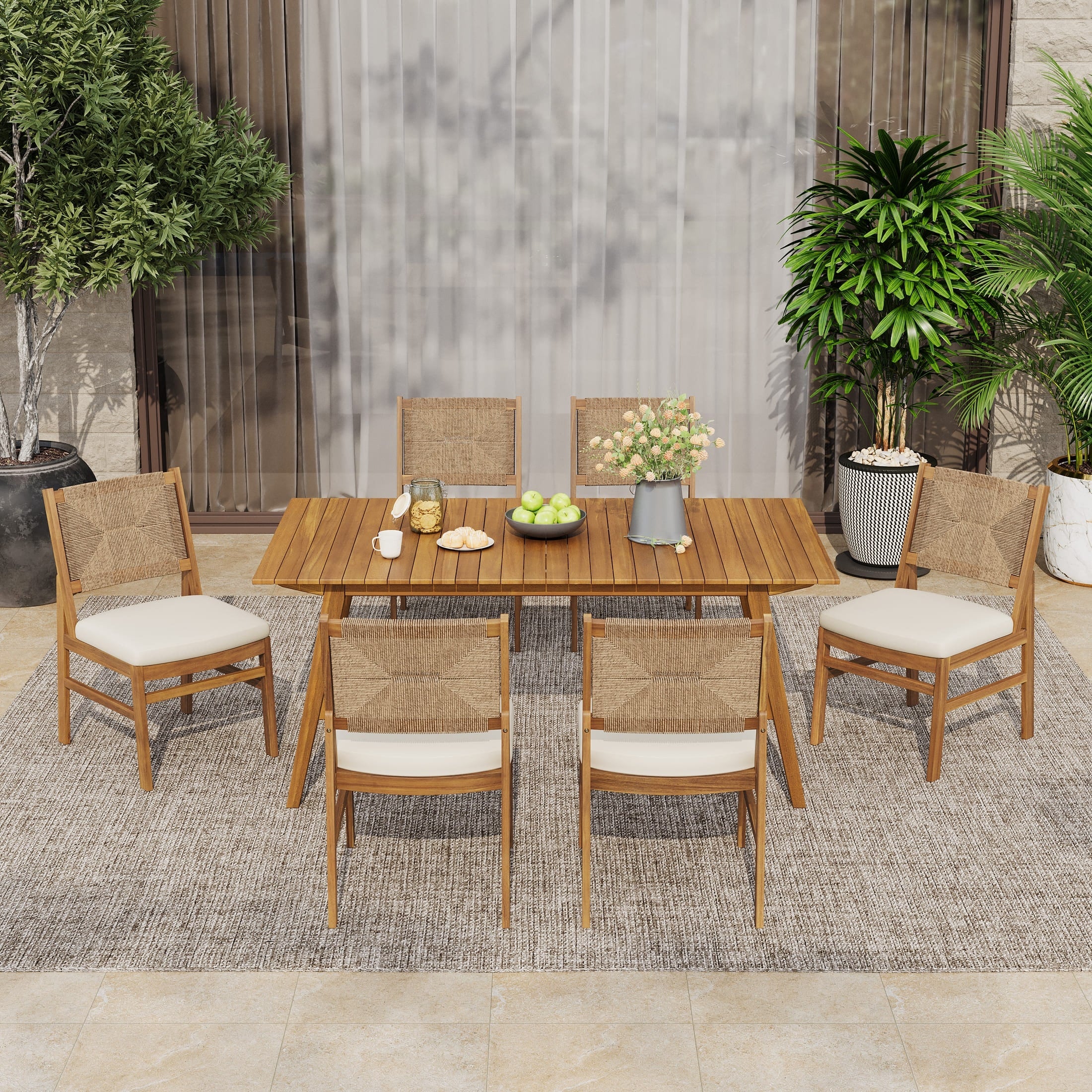 Christopher Knight Home 7 Piece Outdoor Dining Set Acacia Wood With Teak Finish Wicker Woven Chairs And Cushions Included
