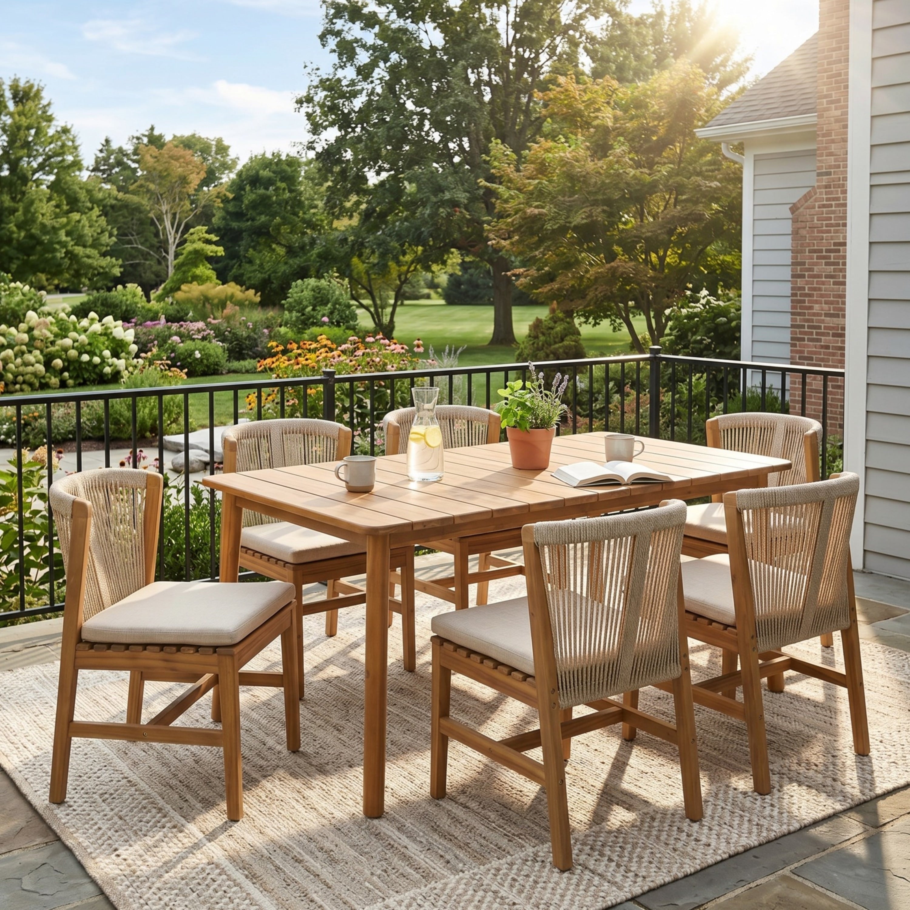 Christopher Knight Home 7 Piece Outdoor Dining Set Solid Wood With Rope Woven Chairs And Beige Cushions