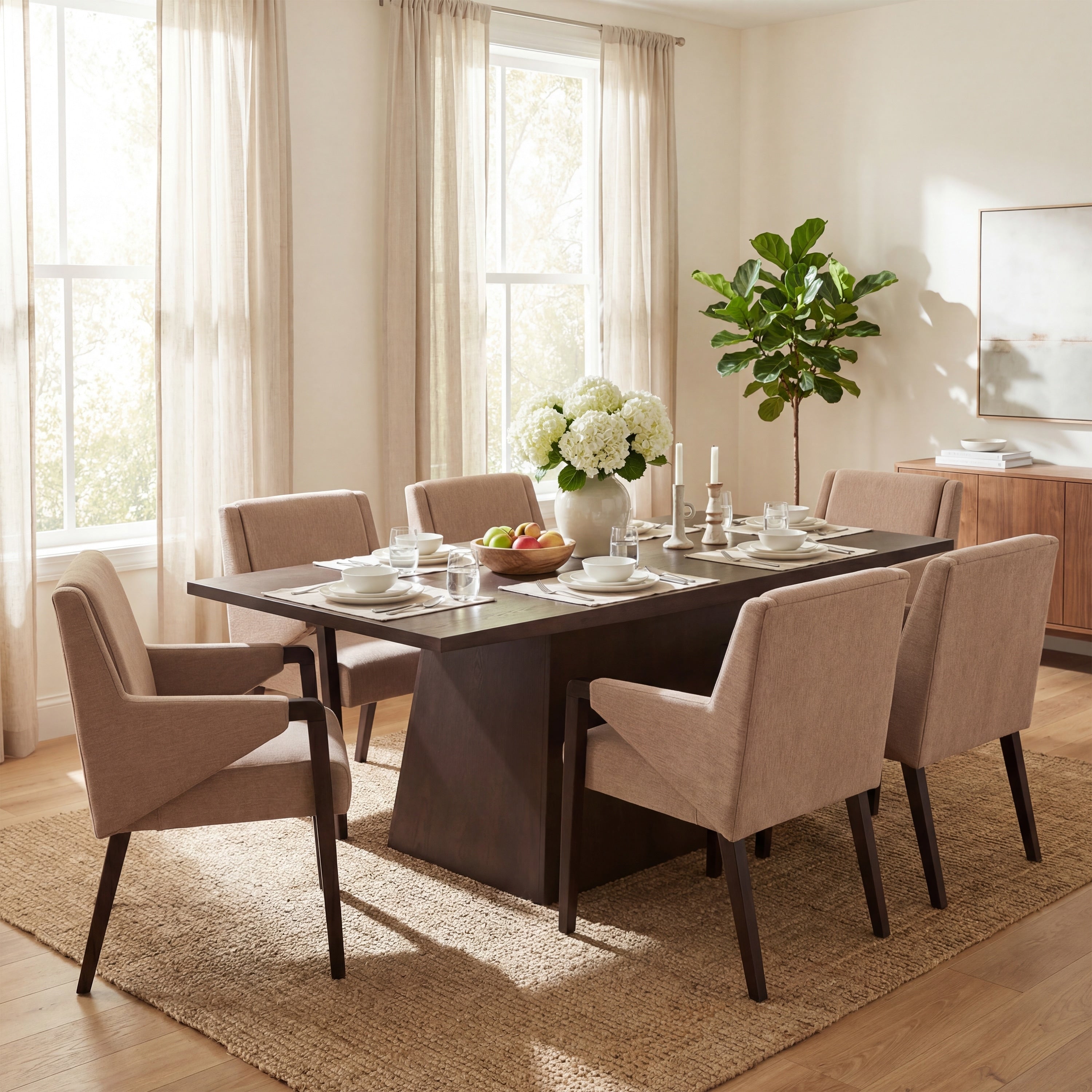 Christopher Knight Home 7 Piece Wood Top Rectangular Dining Table Set With Geometric Pedestal Base And Upholstered Chairs