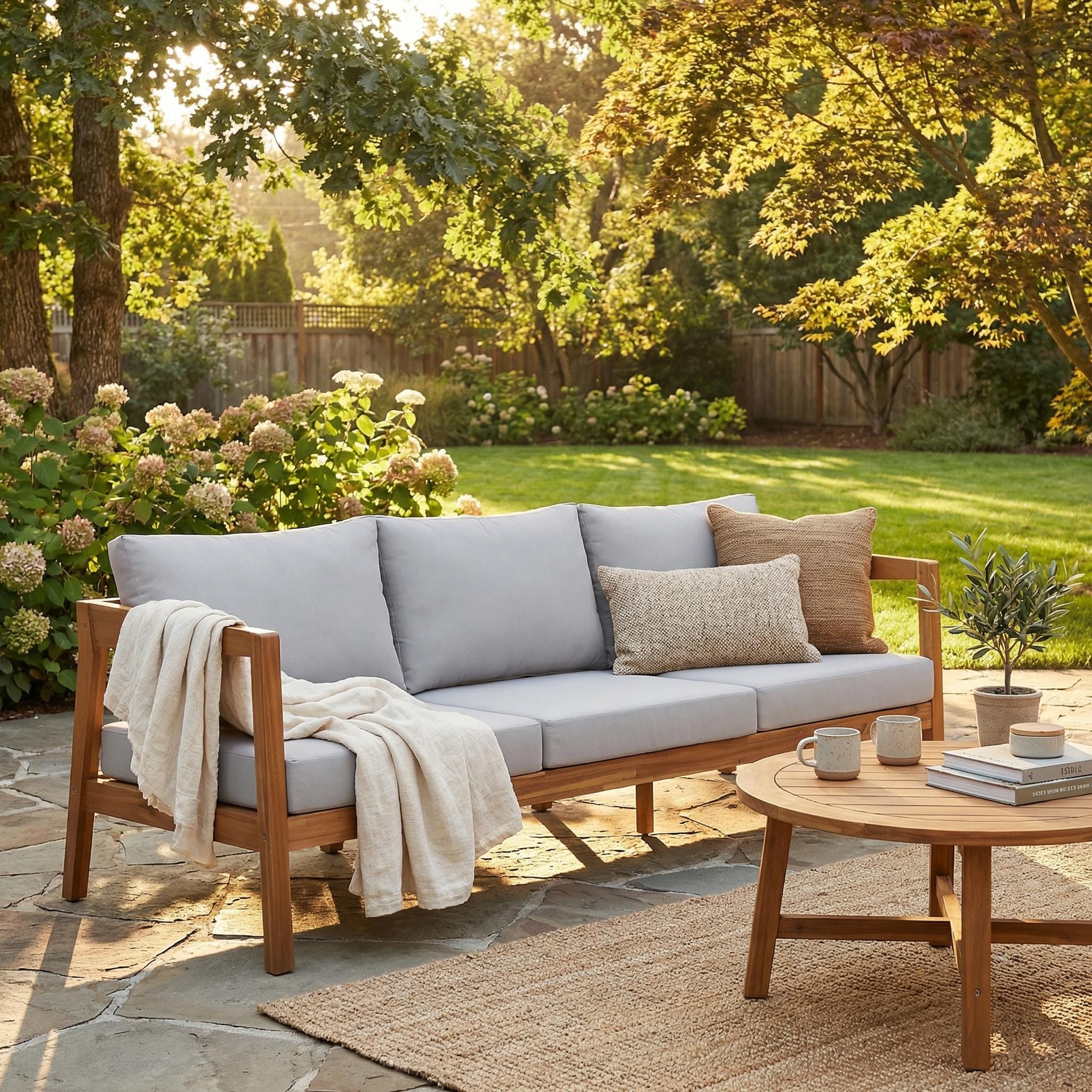 Christopher Knight Home 76.38 W Outdoor Teak Finish Solid Wood 3 Seater Sofa With Cushions