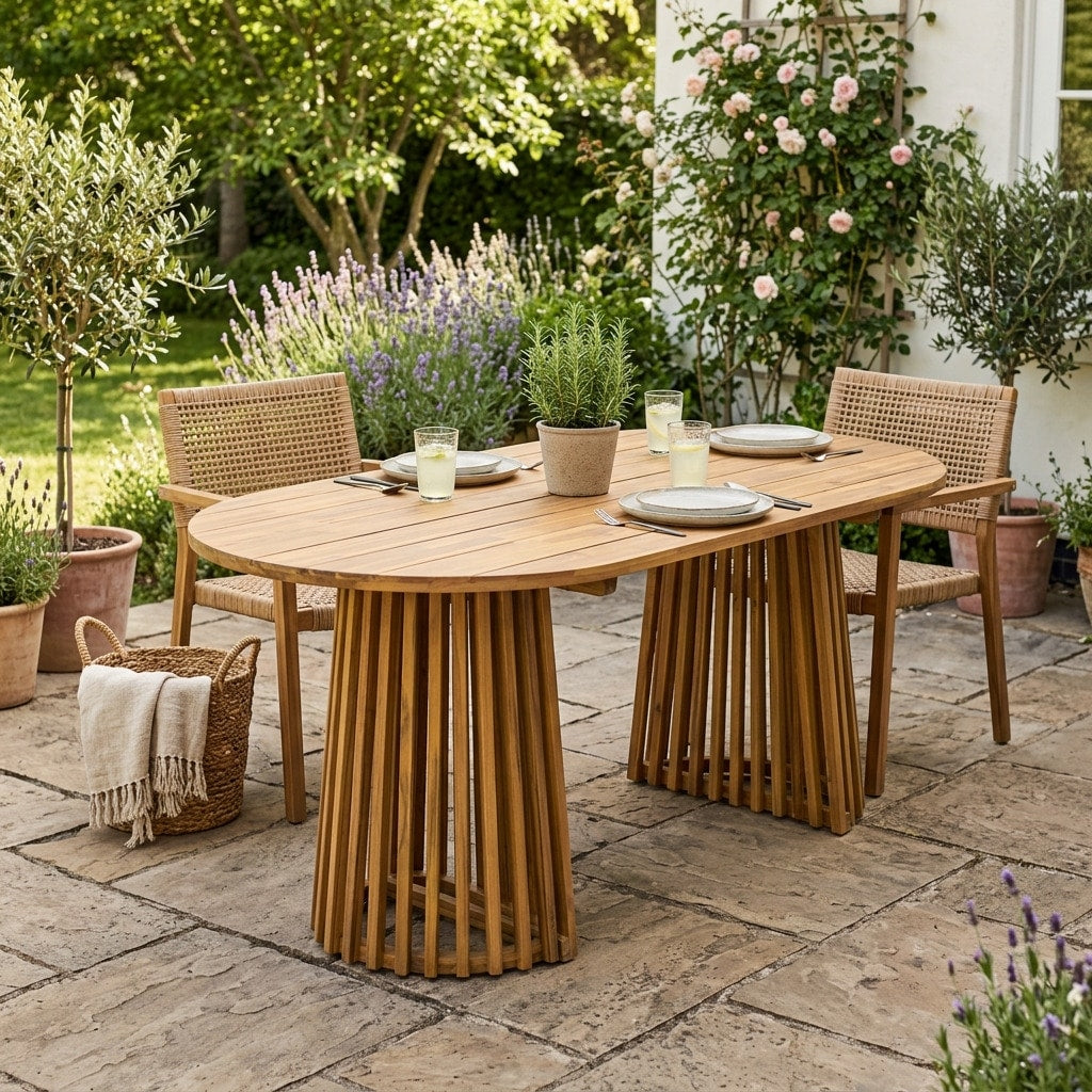 Christopher Knight Home 83 Farmhouse Solid Acacia Wood Outdoor Oval Dining Table With Dual Slatted Pedestal Bases