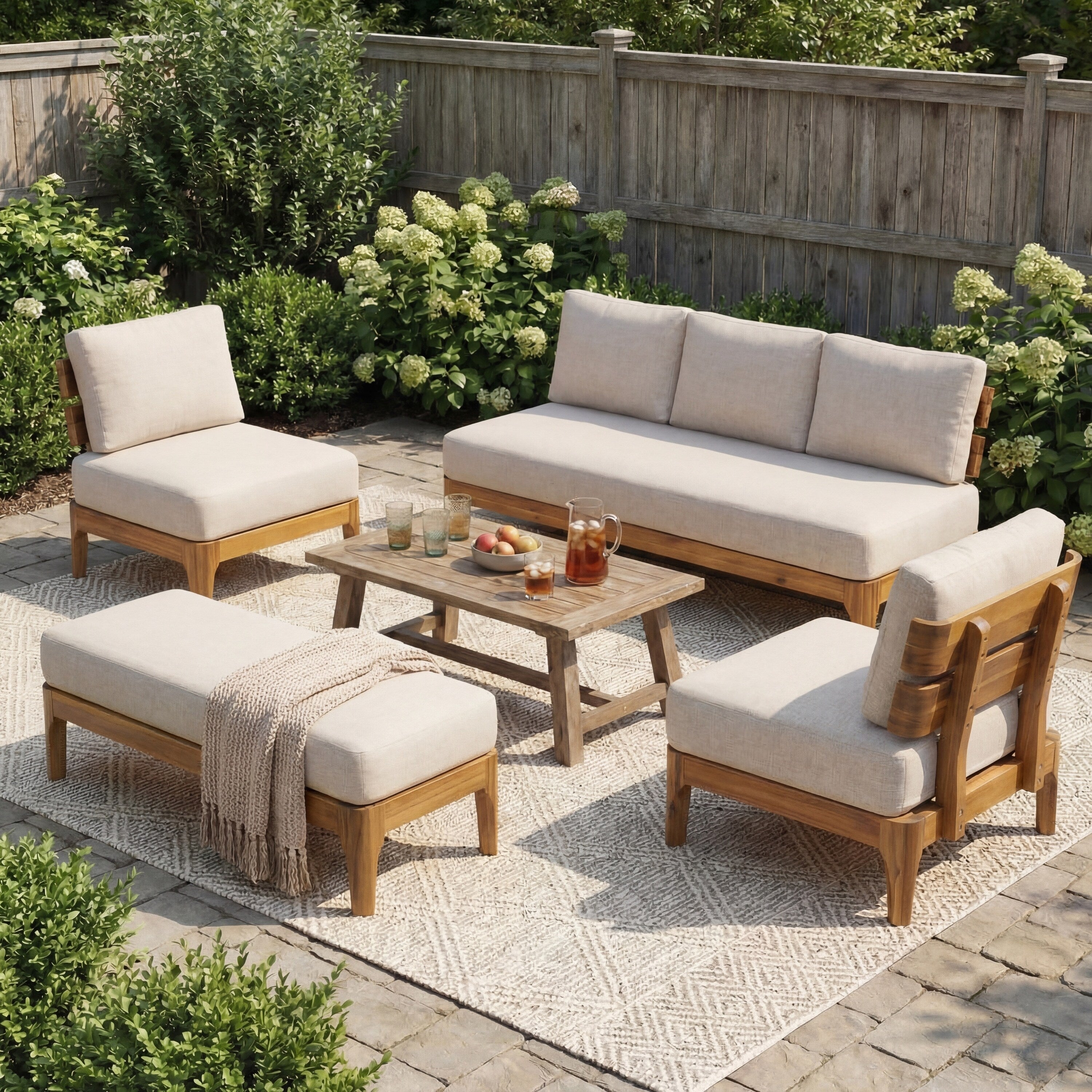 Christopher Knight Home Aaron 4 Piece Outdoor Chat Set Acacia Wood Sofa Chairs And Ottoman Cushioned Patio Lounge Design