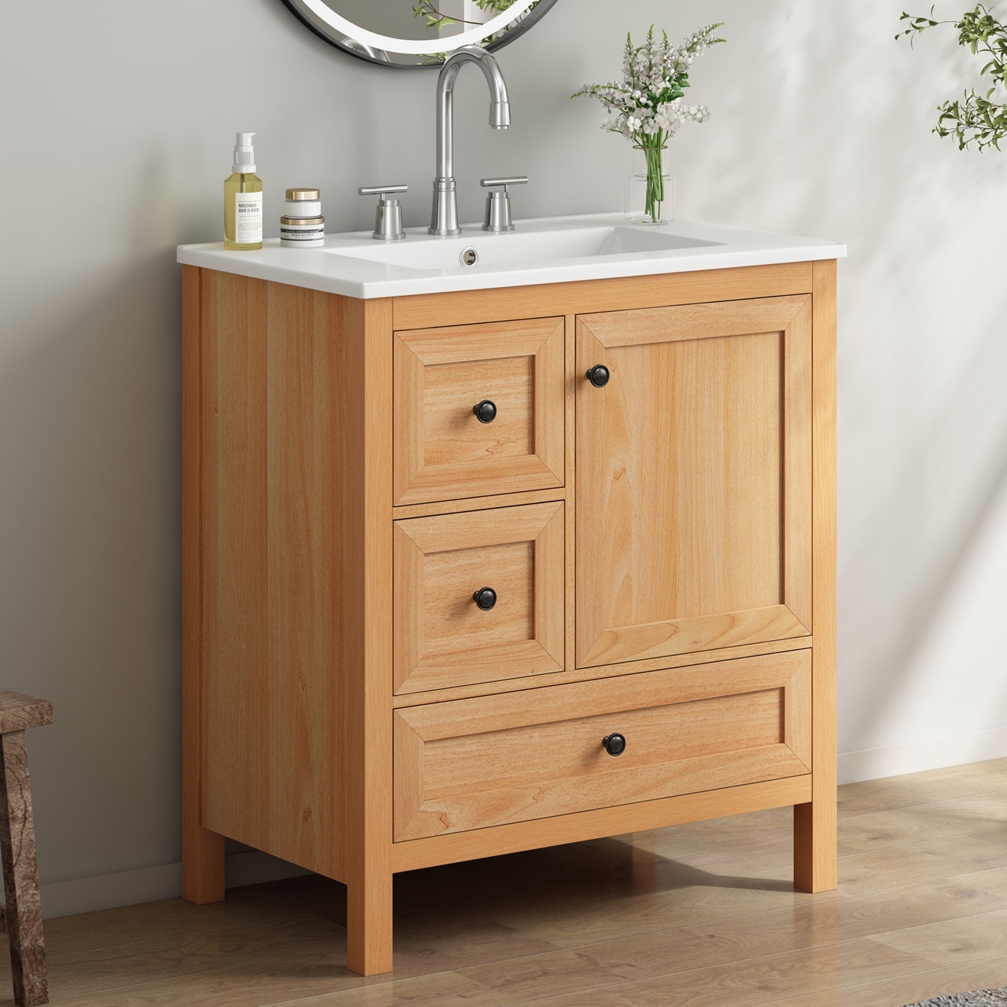 Christopher Knight Home Alder Modern Bathroom Vanity With Ceramic Sink 30 Freestanding Adjustable Shelf Soft Close Storage