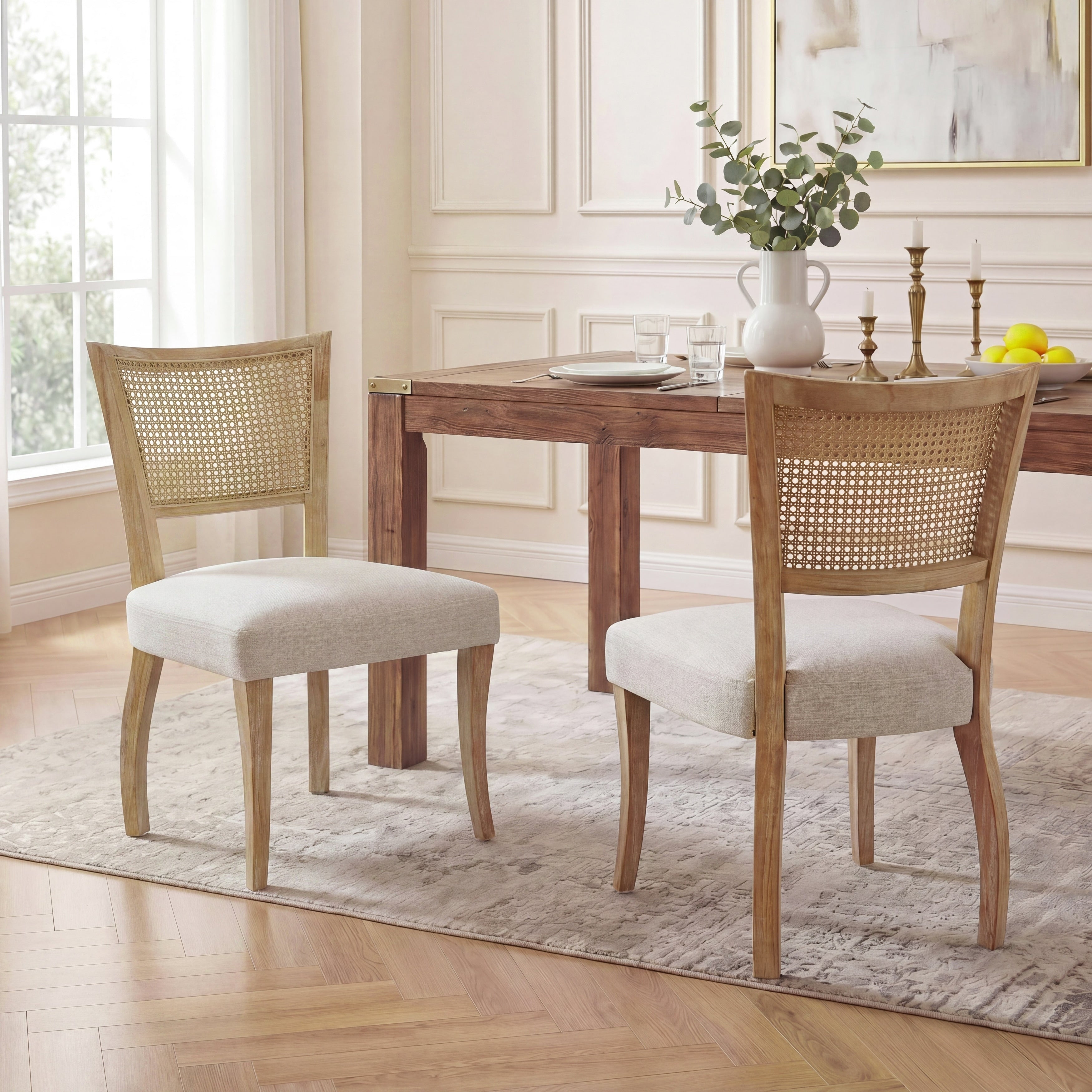 Christopher Knight Home Alma Dining Chair Set Wooden Frame With With Curved Legs Upholstered Seat Rattan Cane Back