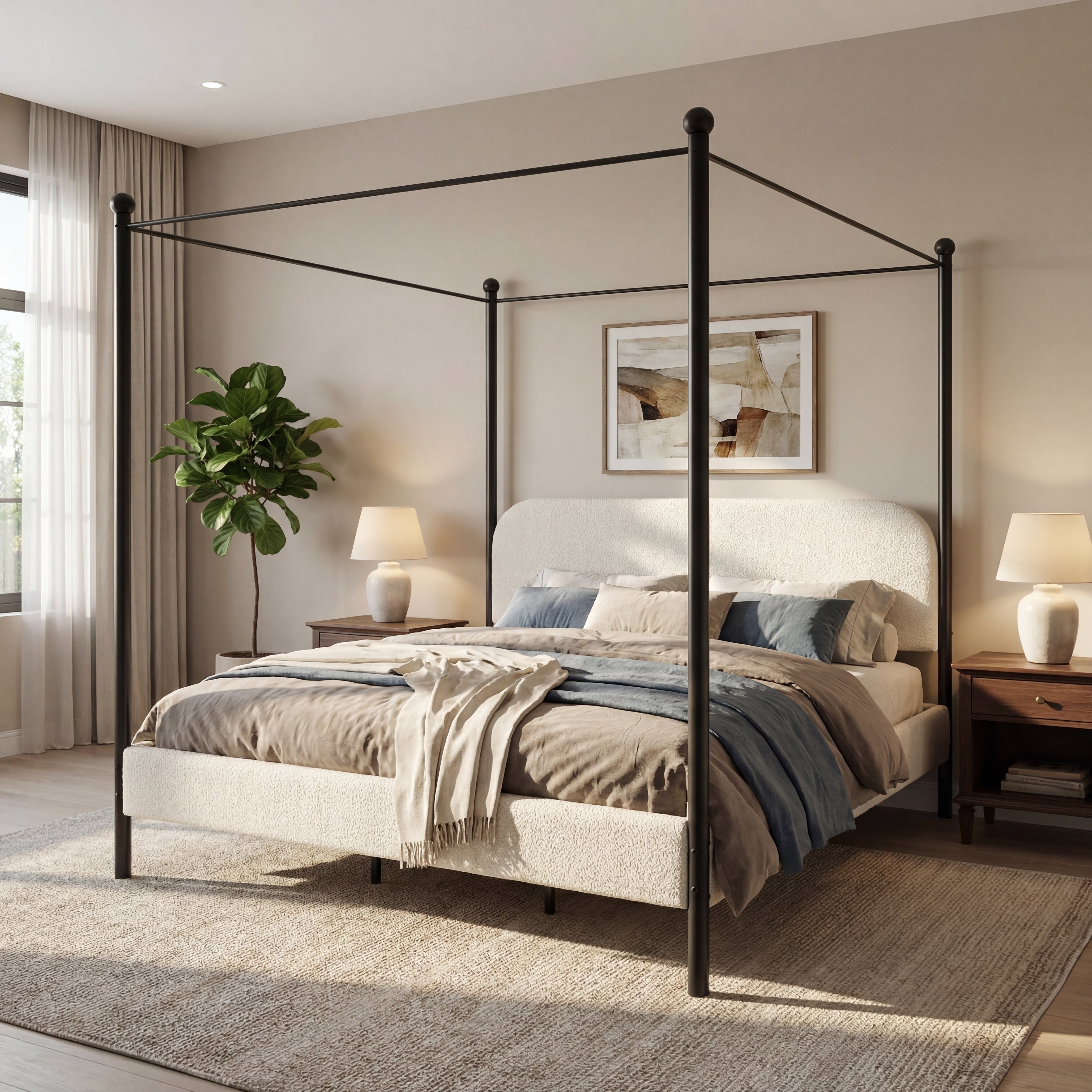 Christopher Knight Home Arden Contemporary Boucle Upholstered Canopy Bed Frame With Curved Headboard And Iron Legs