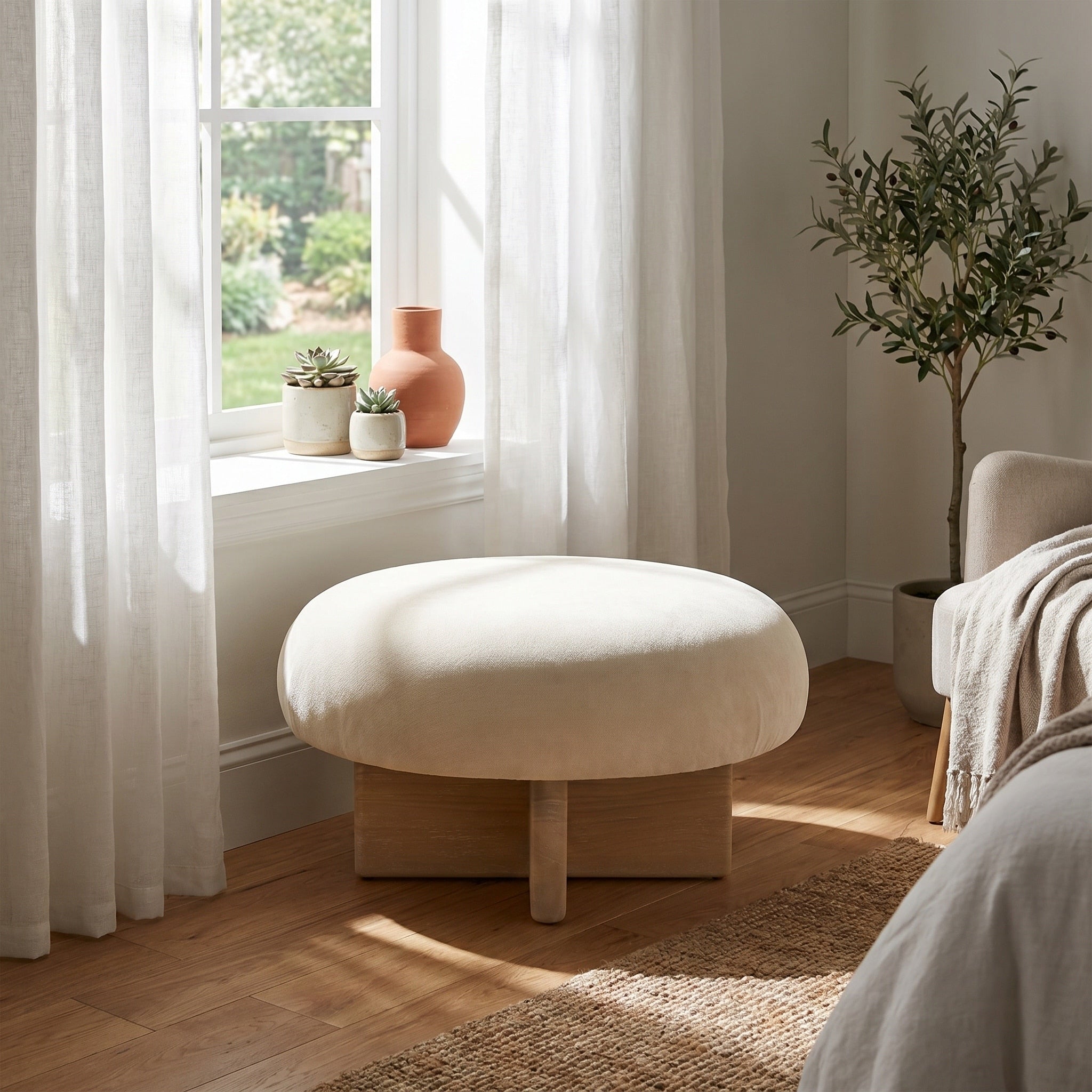 Christopher Knight Home Arden Modern Ottoman Footstool Chenille Upholstered X Shape Wood Base Mushroom Silhouette Design