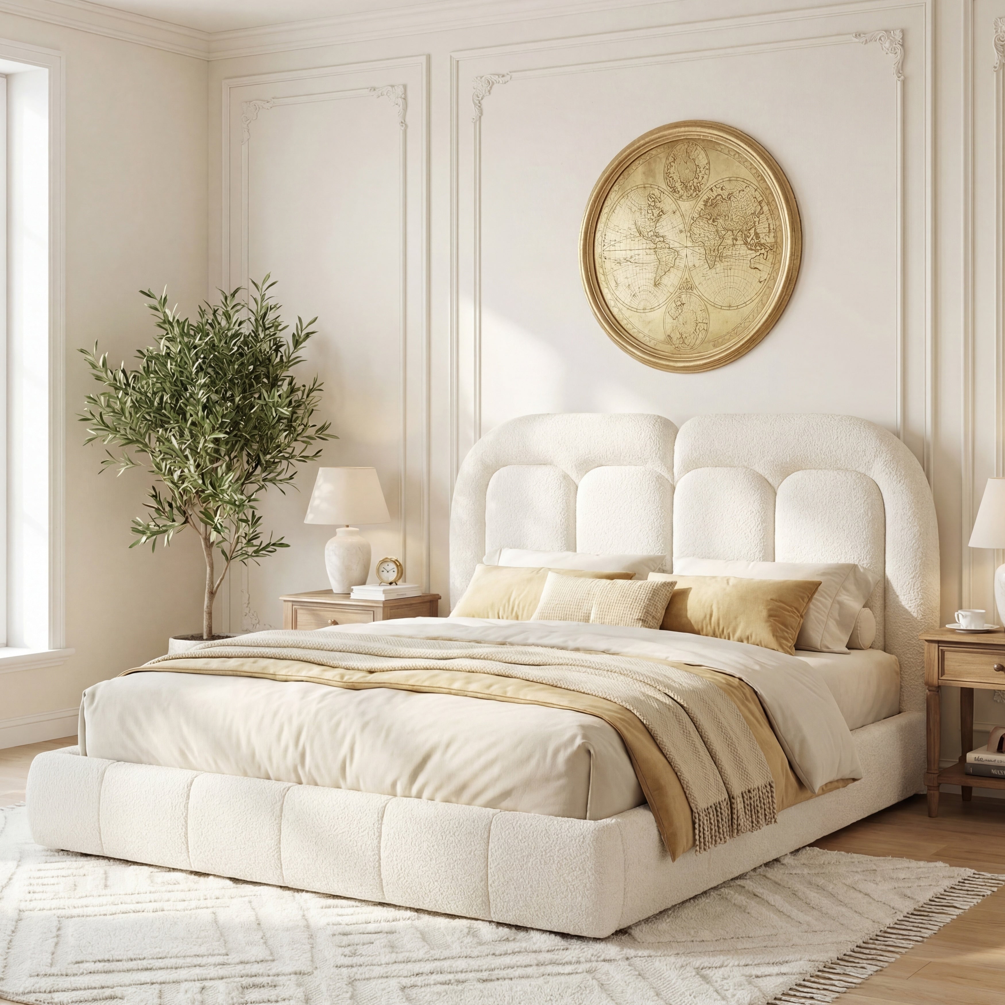 Christopher Knight Home Arden Platform Bed Boucle Upholstered With Tufted Headboard And Noise Free Design