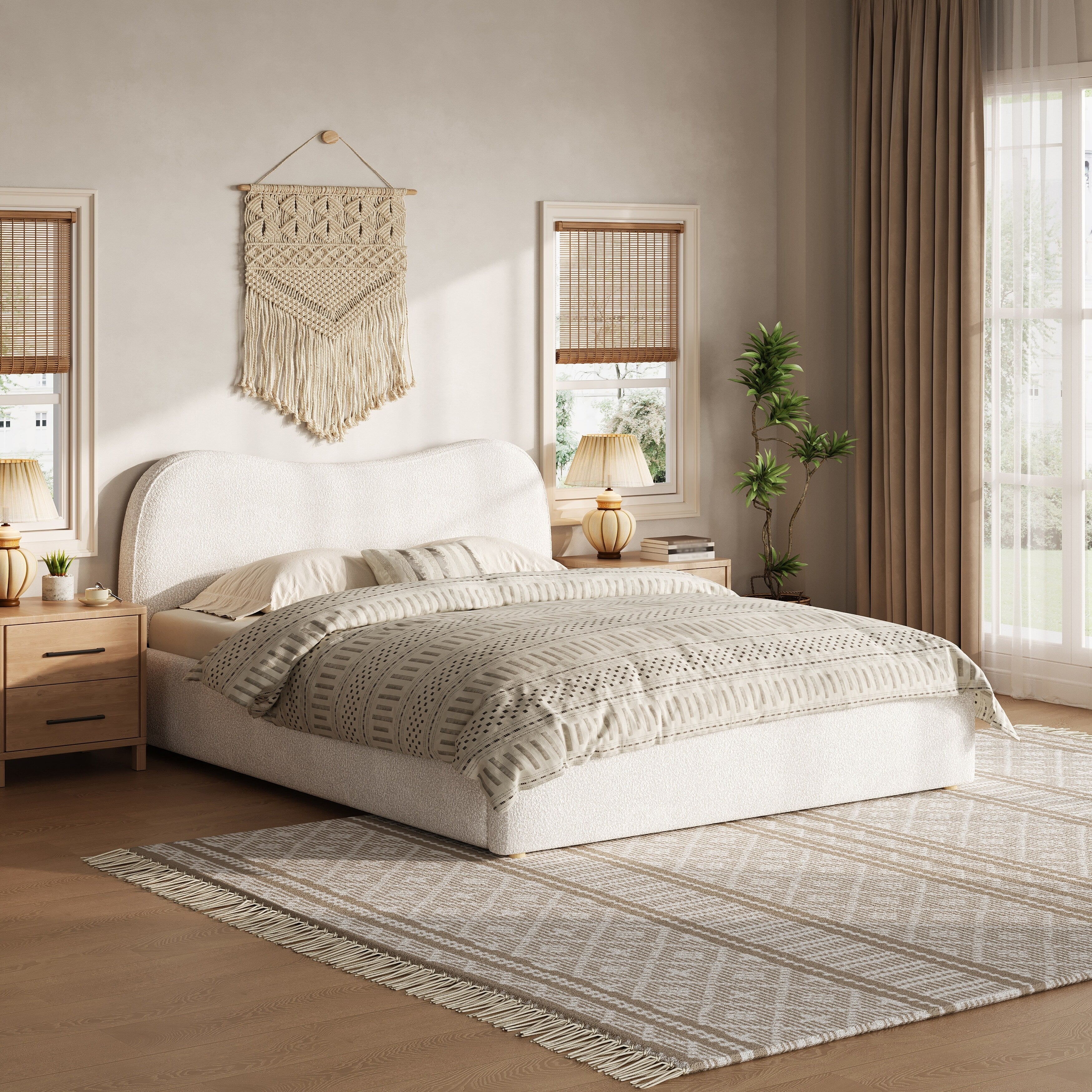 Christopher Knight Home Arden Upholstered Platform Bed In Boucle Fabric With Wooden Slats And Curved Headboard