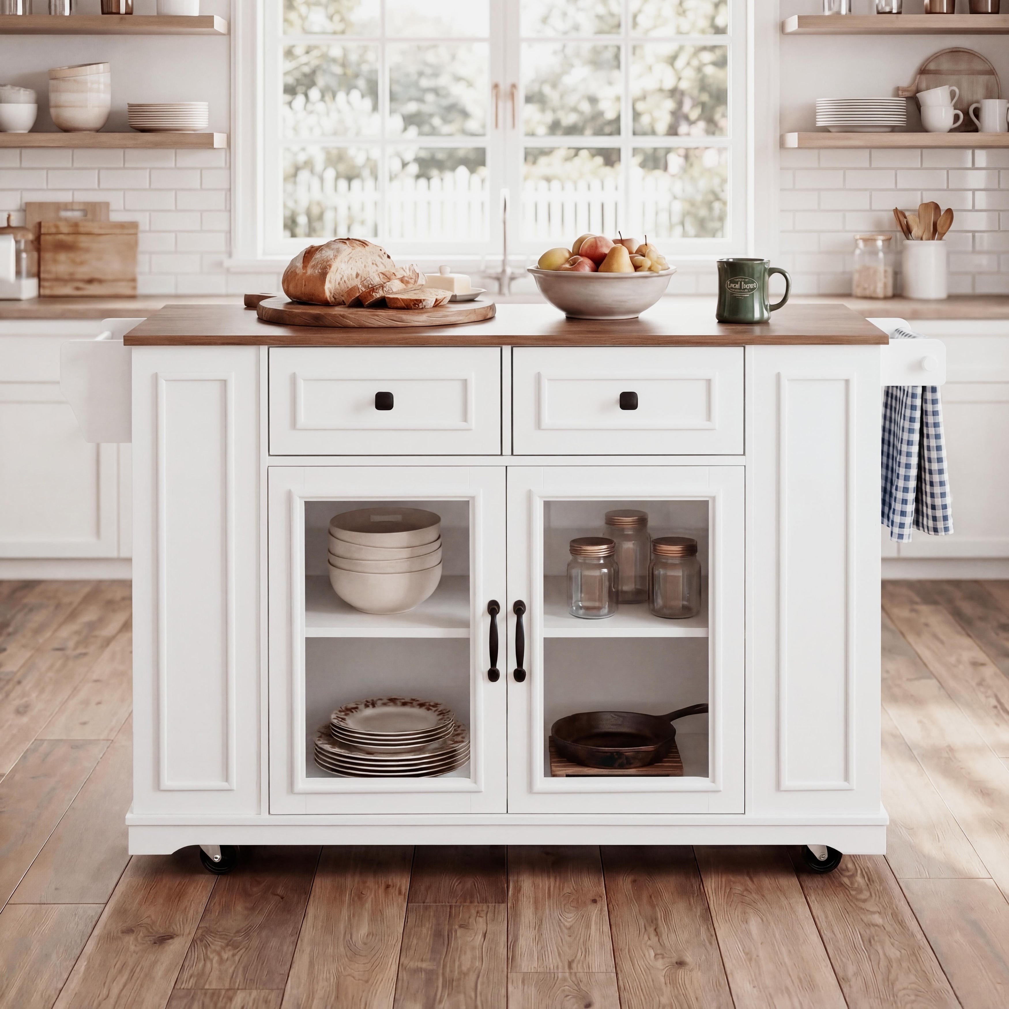 Christopher Knight Home Avery Mobile Kitchen Island Wood Prep Table Glass Storage Cabinets Towel Rack Power Outlet