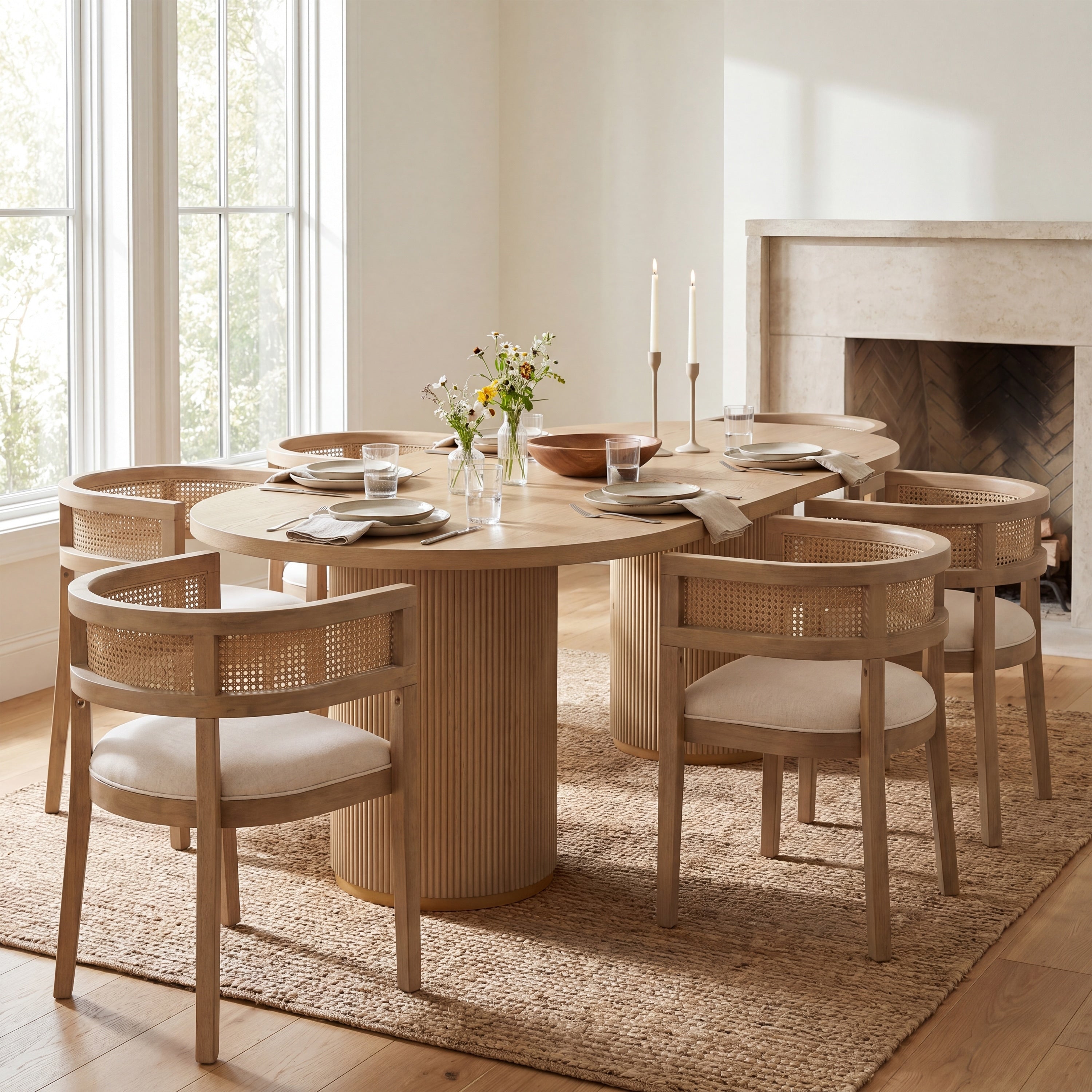 Christopher Knight Home Barrington 7 Piece Oval Dining Set With Fluted Pedestal Table And Rattan Back Dining Chairs