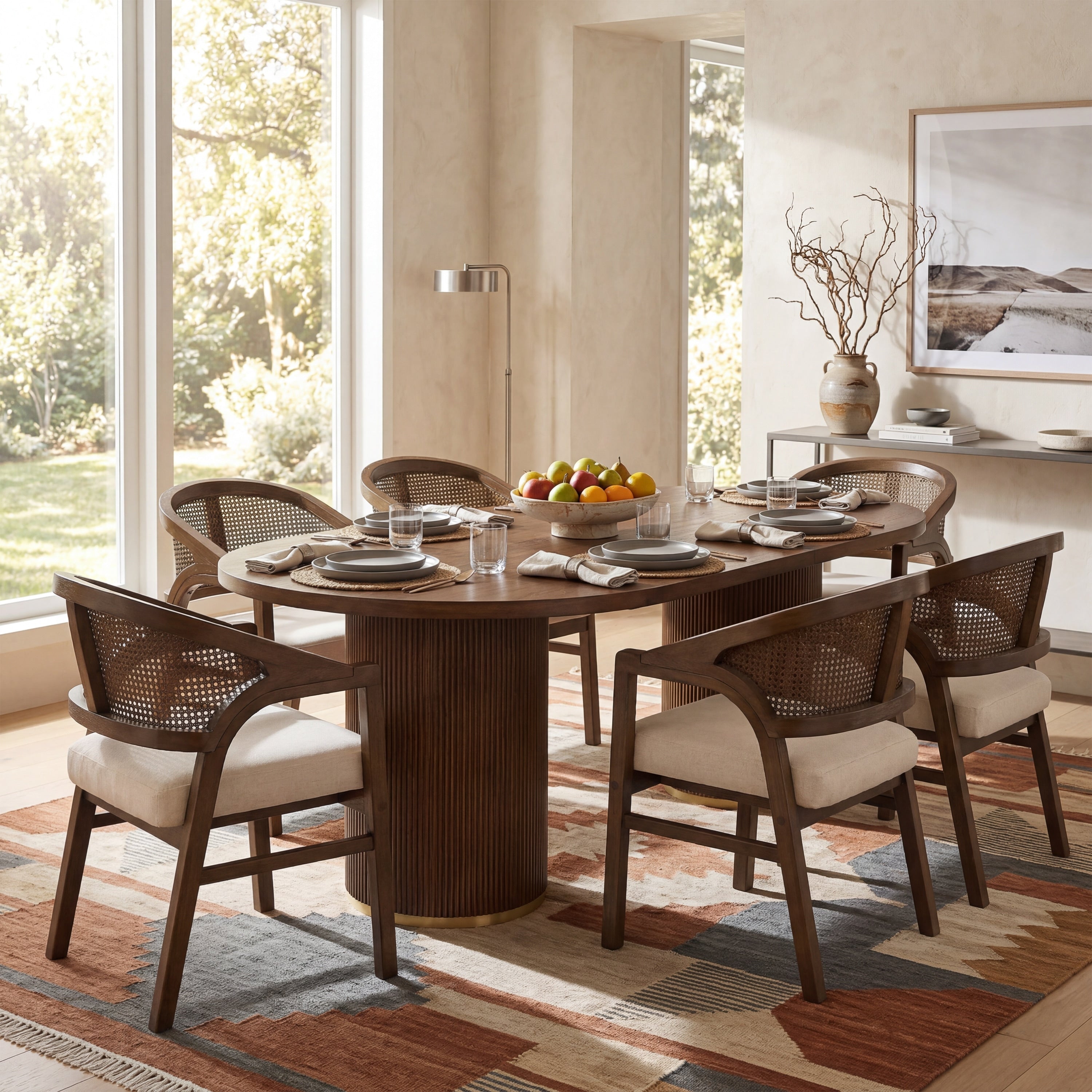 Christopher Knight Home Barrington 7 Piece Oval Dining Set With Fluted Pedestal Table And Rattan Back Dining Chairs
