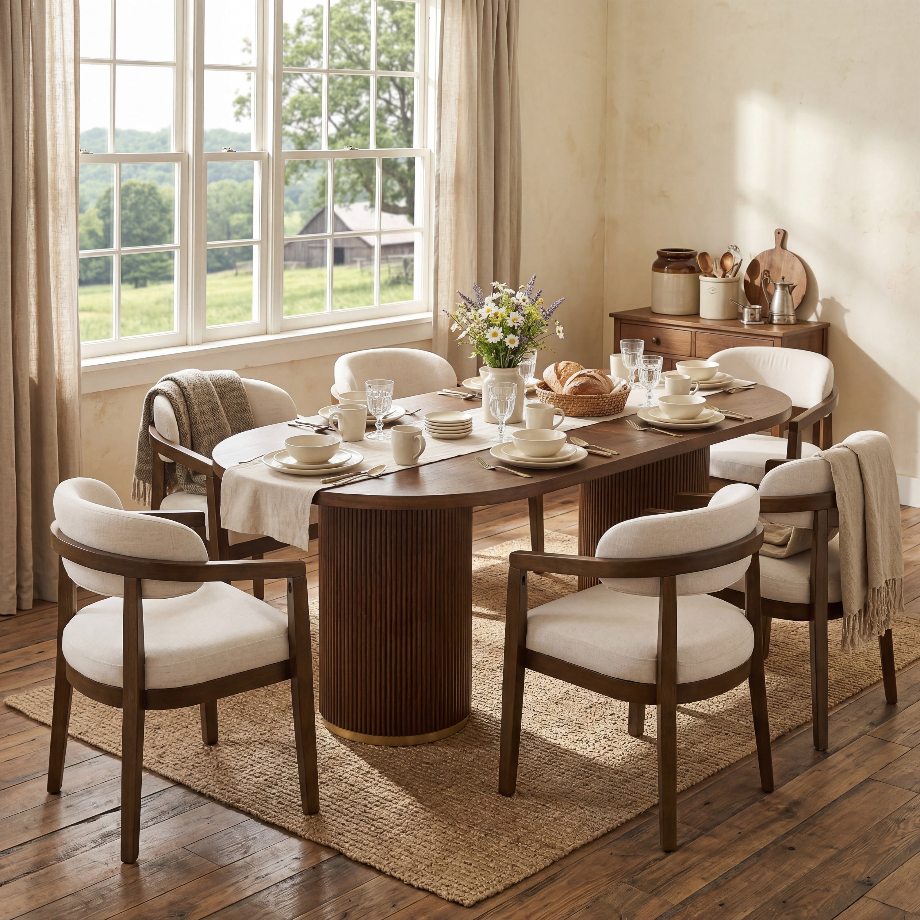 Christopher Knight Home Barrington 7 Piece Oval Dining Set With Fluted Pedestal Table And Upholstered Dining Arm Chairs