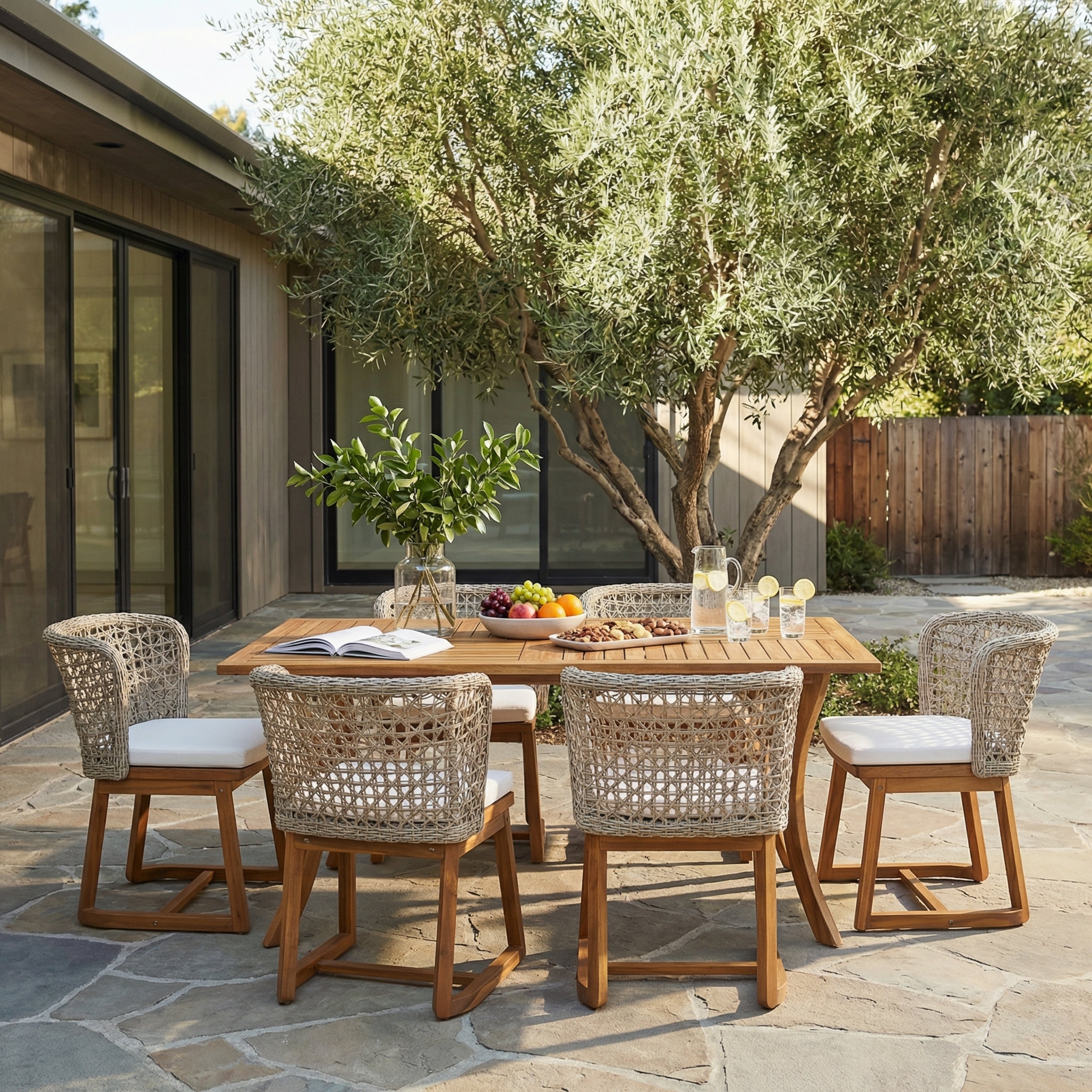 Christopher Knight Home Bayhaven Outdoor Acacia Wood 7 Piece Dining Set With Wicker Armchairs And Cushions