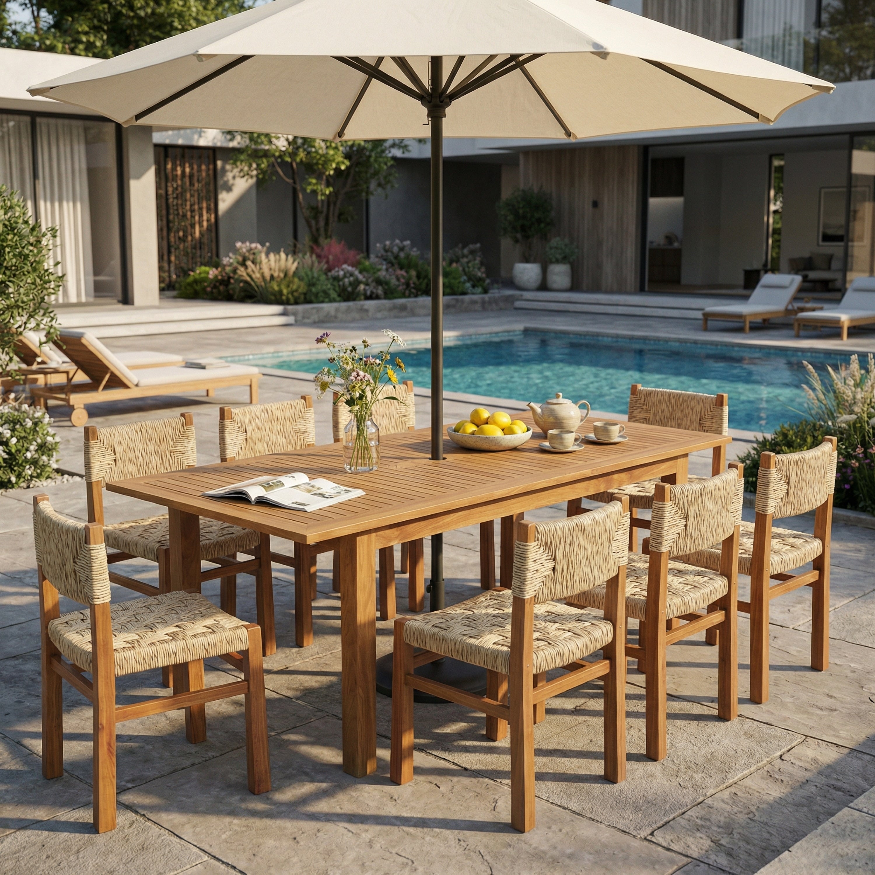 Christopher Knight Home Boho 9 Piece Acacia Wood Rectangular Patio Dining Set With Rope Woven Chairs Umbrella Hole