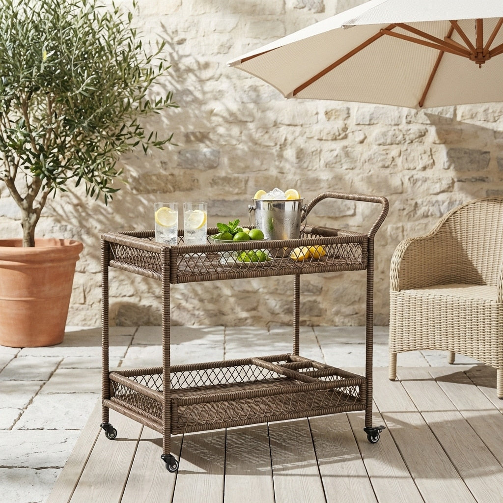 Christopher Knight Home Boho All Weather Wicker Rolling Outdoor Bar Cart With Bottle Rack And Locking Casters